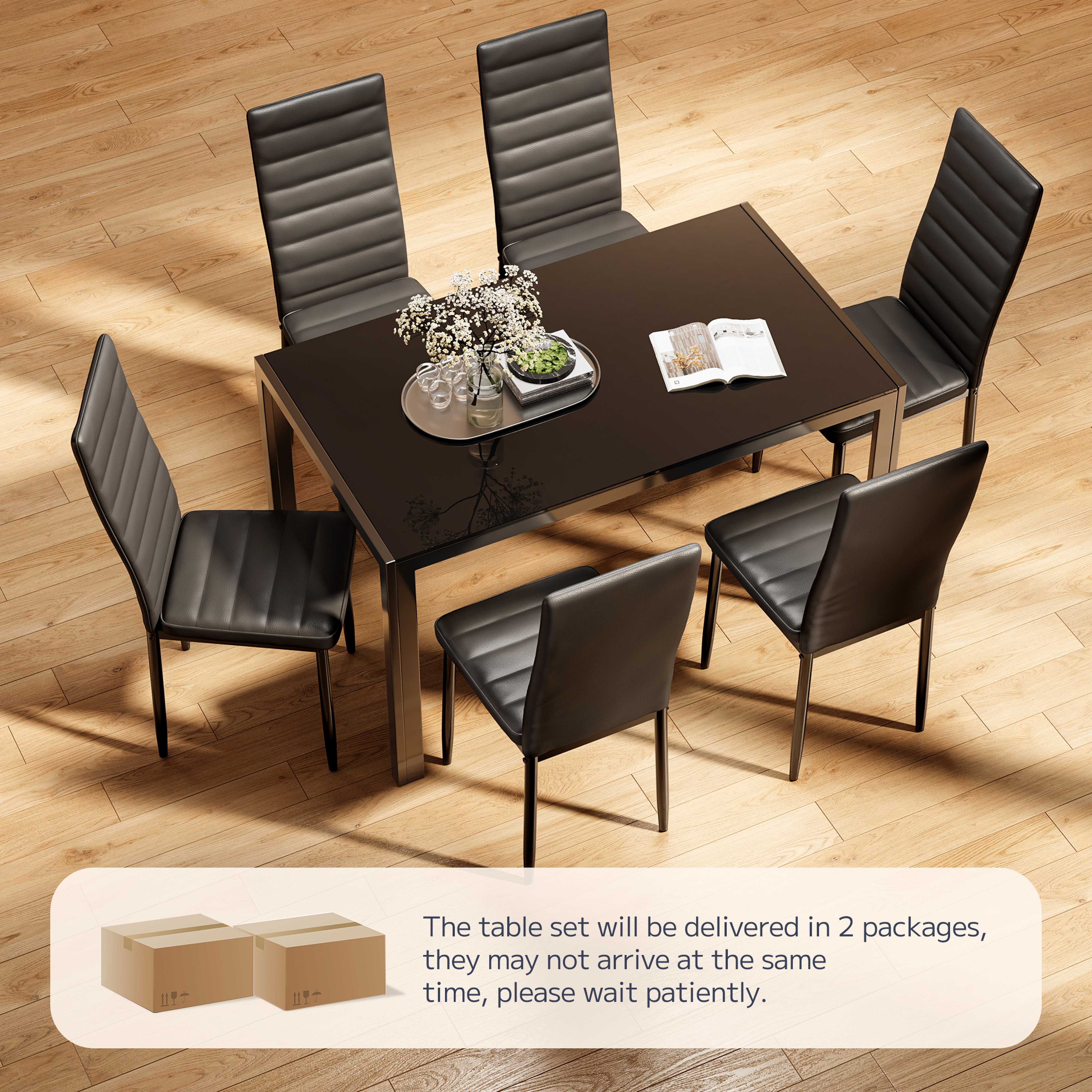 Asofer Modern 7 Piece Dining Table Sets for 6, Glass Kitchen Table, PU Leather Chair, Dining Room, Black - Image 10