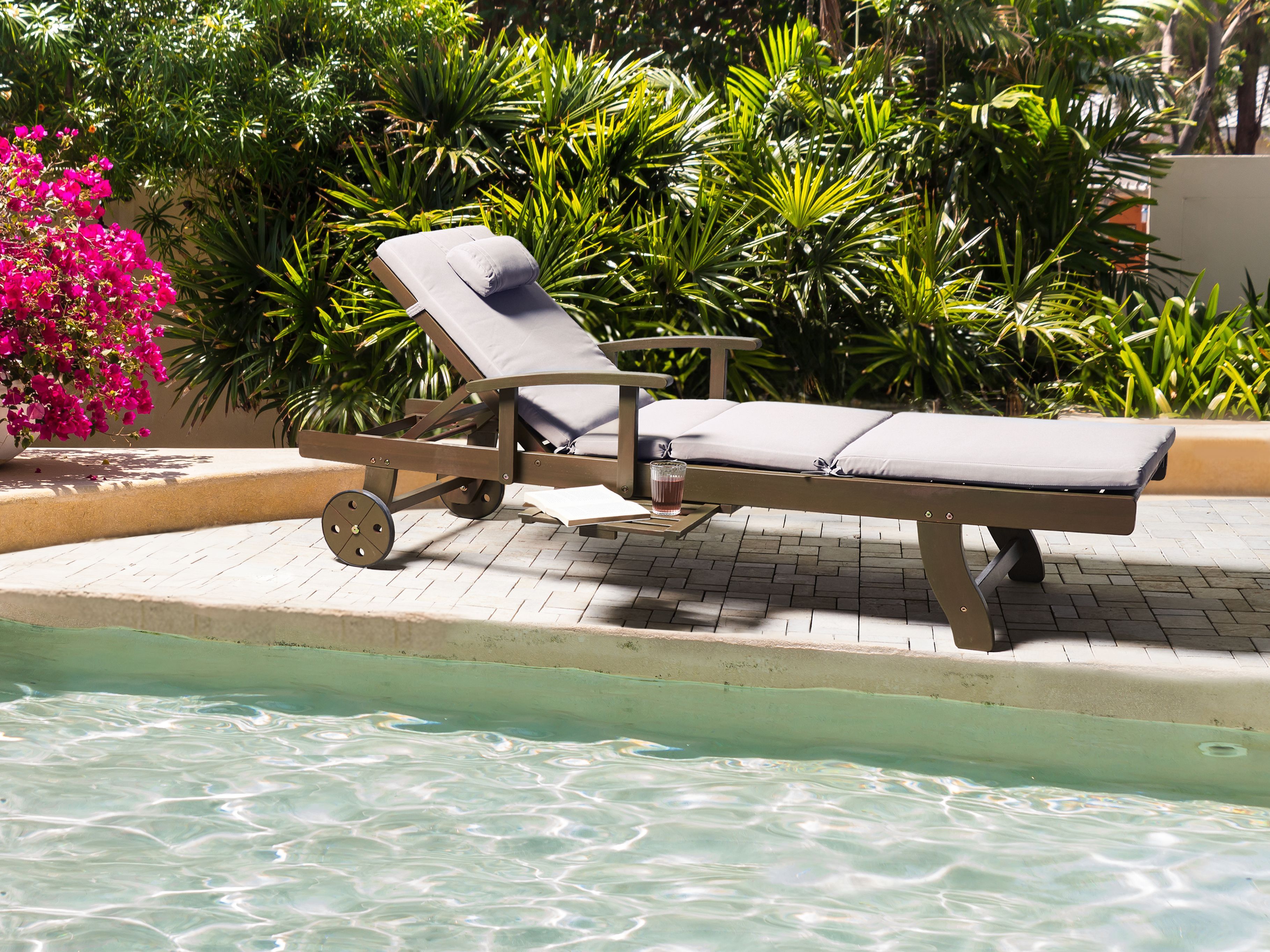 Sun Lounger with Cushion AMANTEA PREMIUM II Acacia Wood Grey Melange
