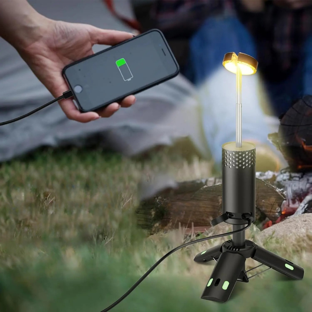 Oplaadbare LED Campinglantaarn met Statief en Power Bank – 45 Uur Verlichting