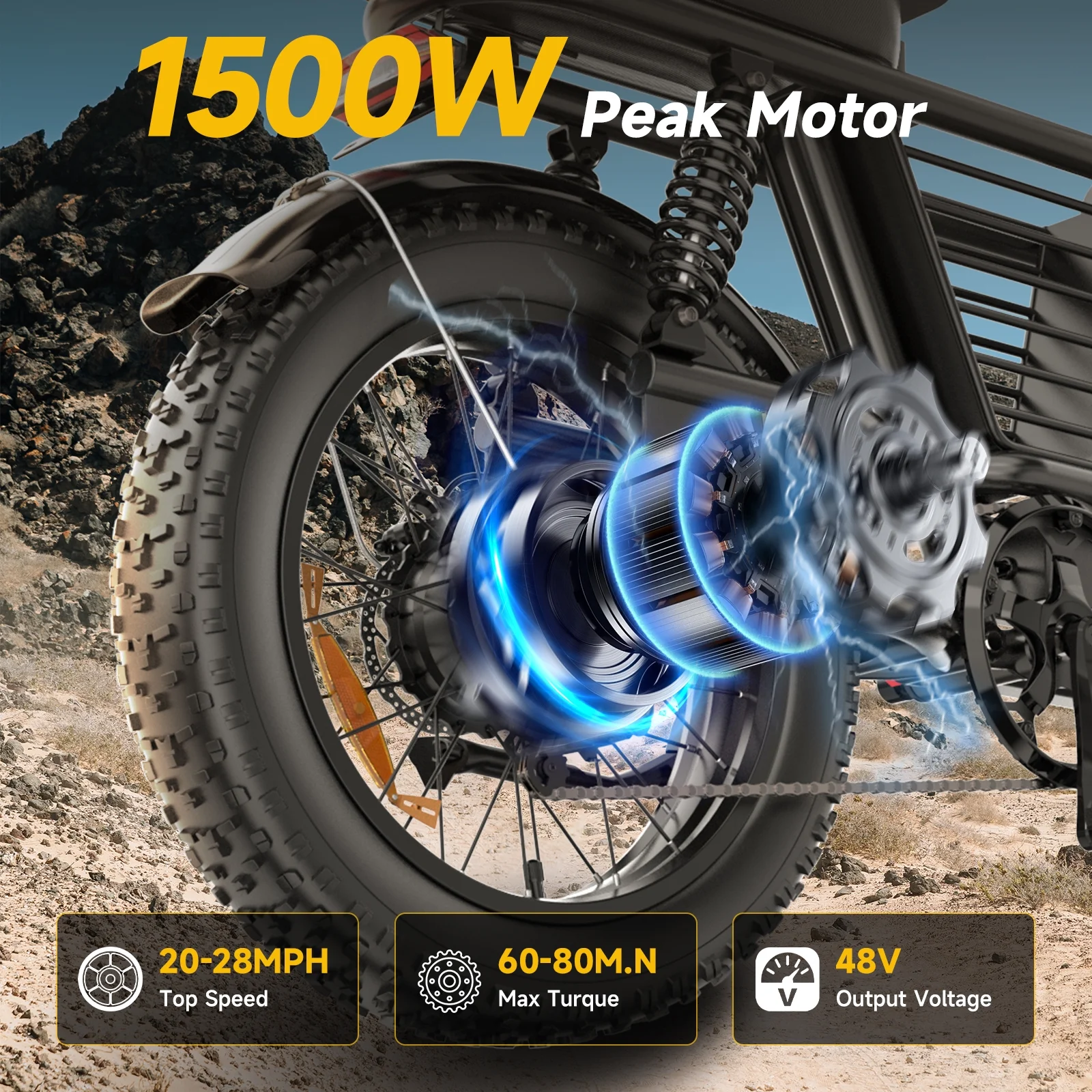 1500W Peak Electric Bike for Adults, 20" Fat Tire E-Bike, 48V 15Ah Battery, 7-Speed E-Mountain Bike with Storage Rack, UL2849 - Image 4