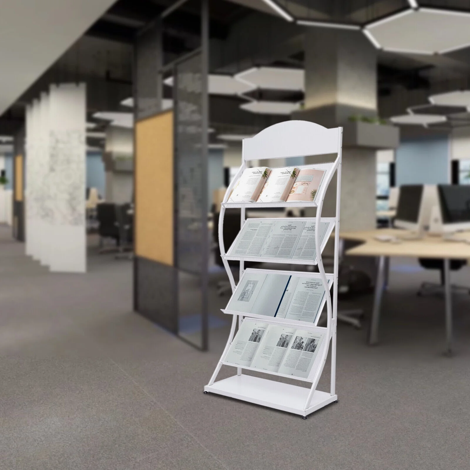 Magazine Rack Magazine Holder 4 Tier Floor-Standing Newspaper Rack Manual Book Storage Rack Iron Magazine Display Rack (White)