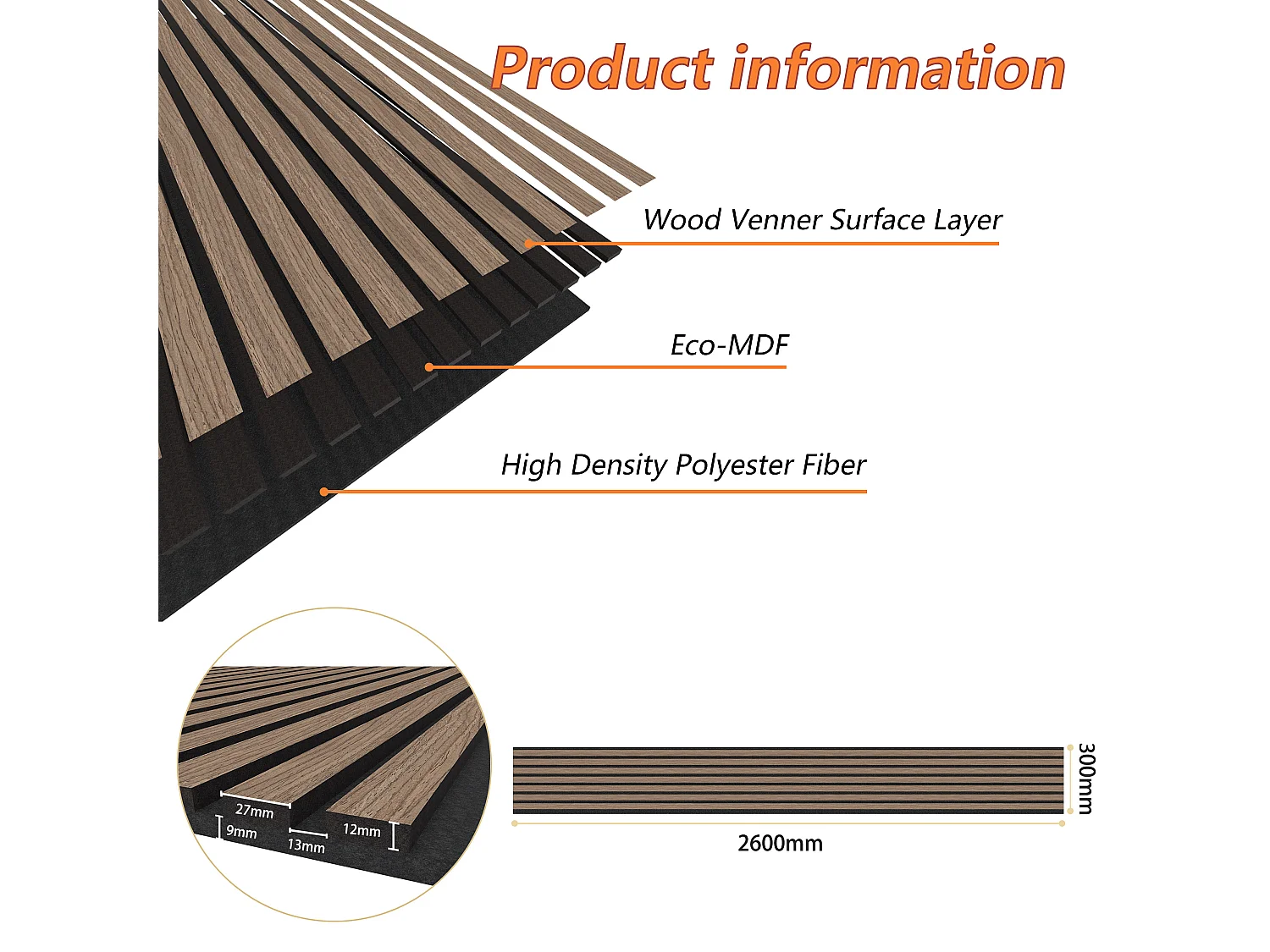 Lot de 2 Panneaux Muraux Décoratifs Acoustiques Bois MDF 260x30cm Noyer  AntiBruit, Facile à Poser