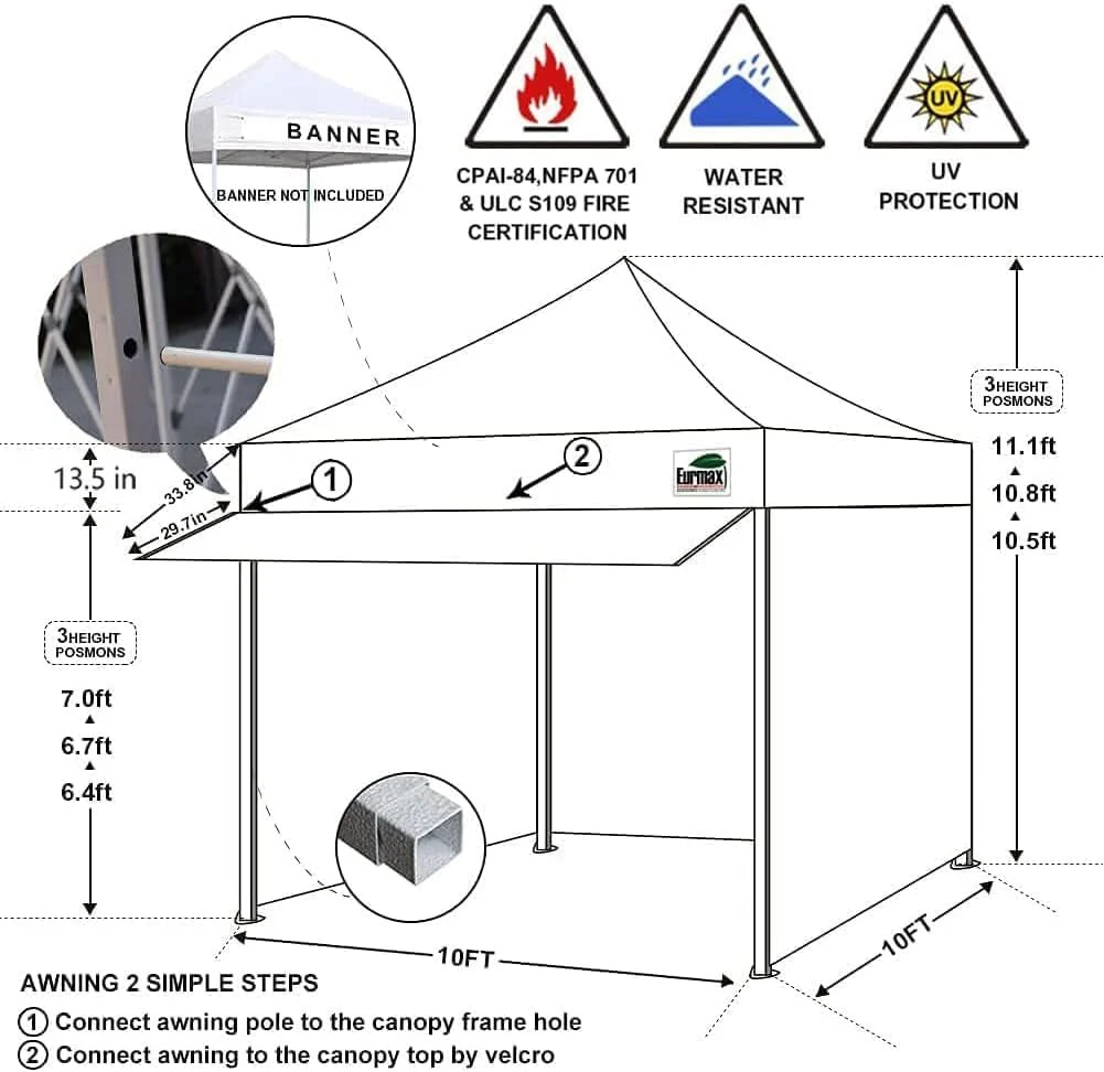 Eurmax USA 10 x 10 Pop-Up Commercial Canopy Tent With 4 Sidewalls, Roller Bag And Awning - Image 2 Eurmax USA 10 x 10 Pop-Up Commercial Canopy Tent With 4 Sidewalls, Roller Bag And Awning - Image 2