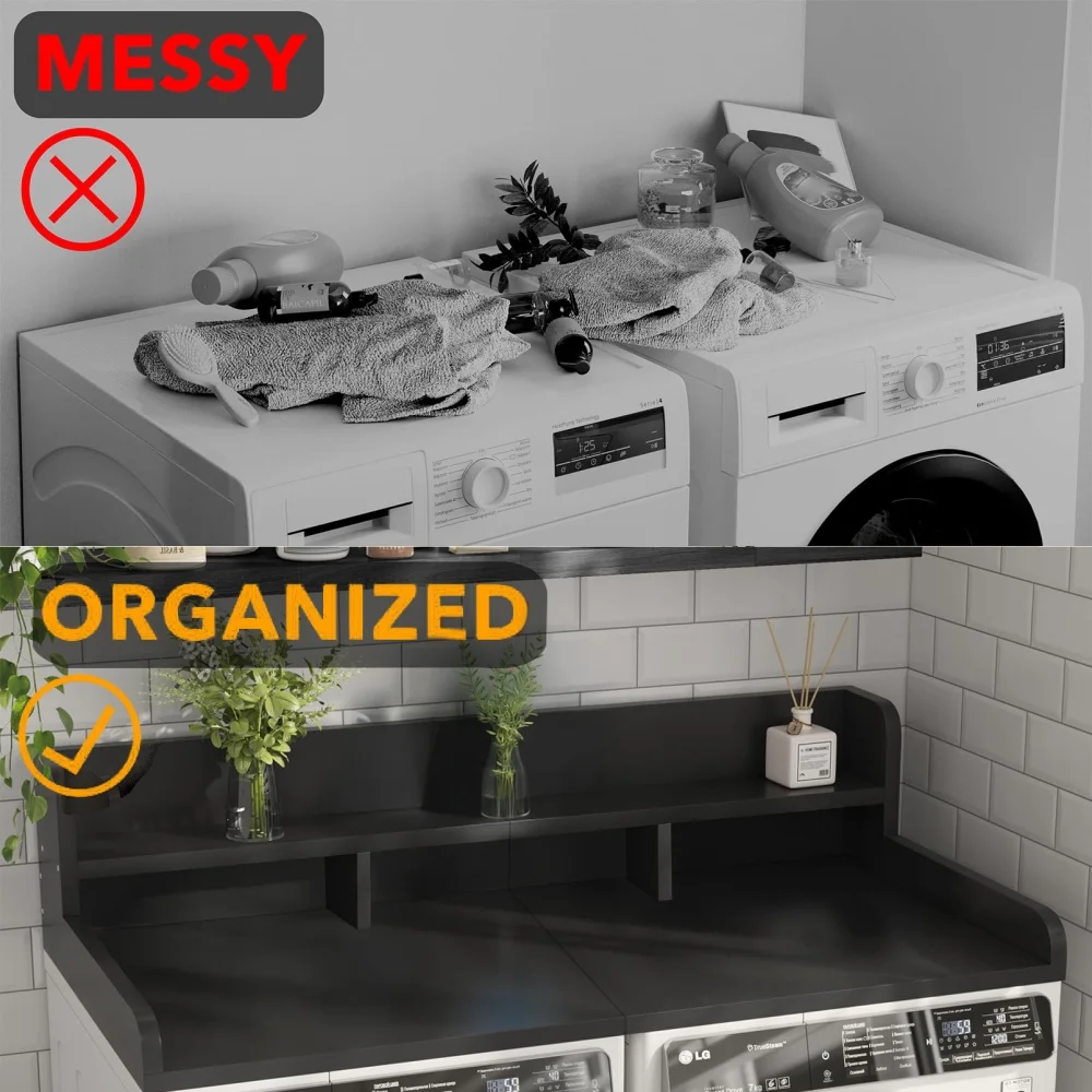 Modern Washer Dryer Countertop with 2-Tier Shelf,Laundry Room Countertop Organization Storage with 2.75" H Guard Edge Rails,Non-Slip Pad,Waterproof and Easy to Clean,54"W x 27.55"D,Natural Wood - Image 46