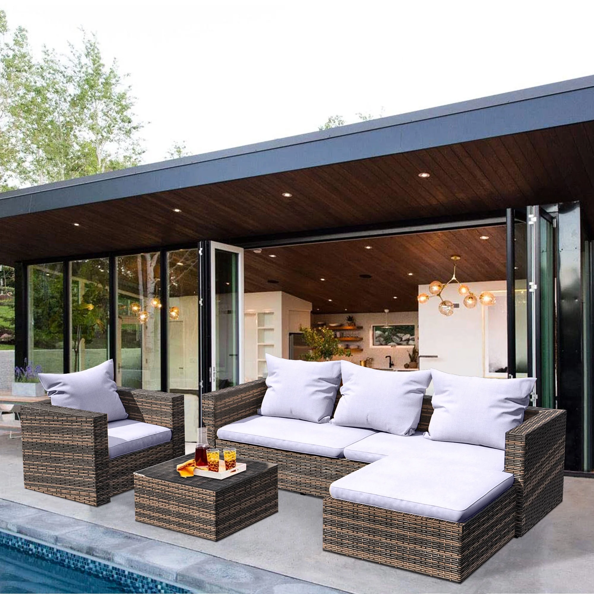 Rattan Patio Sofa Set, 4 Pieces Outdoor Sectional Furniture Set, All-Weather PE Rattan Wicker Patio Conversation Set, Cushioned Sofa Set with Glass Table for Patio Garden Poolside Deck