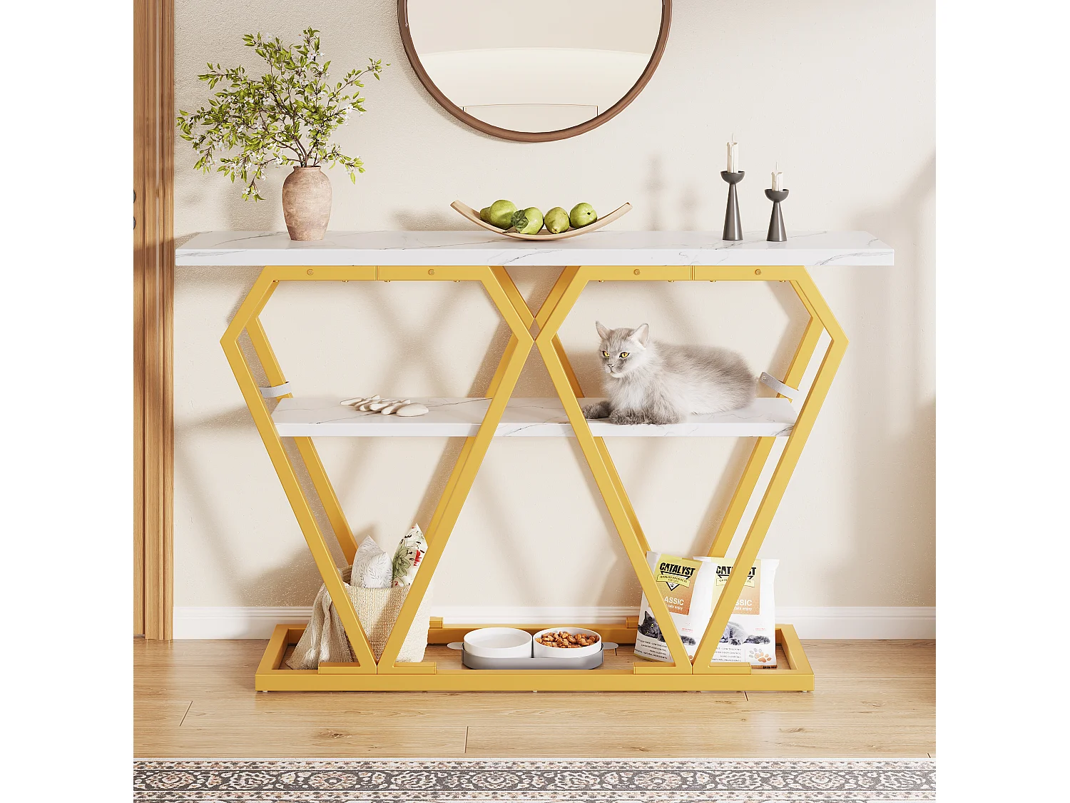 Console avec plateau effet marbre - Pieds en métal doré - Blanc