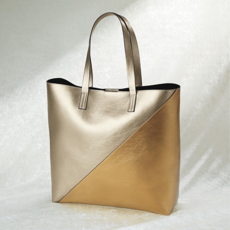 Metallic Faux-Leather Tote with Diagonal Colorblocking and Removable Snap-On Zip Pouch for Women - MIDNIGHT VELVET CATALOG