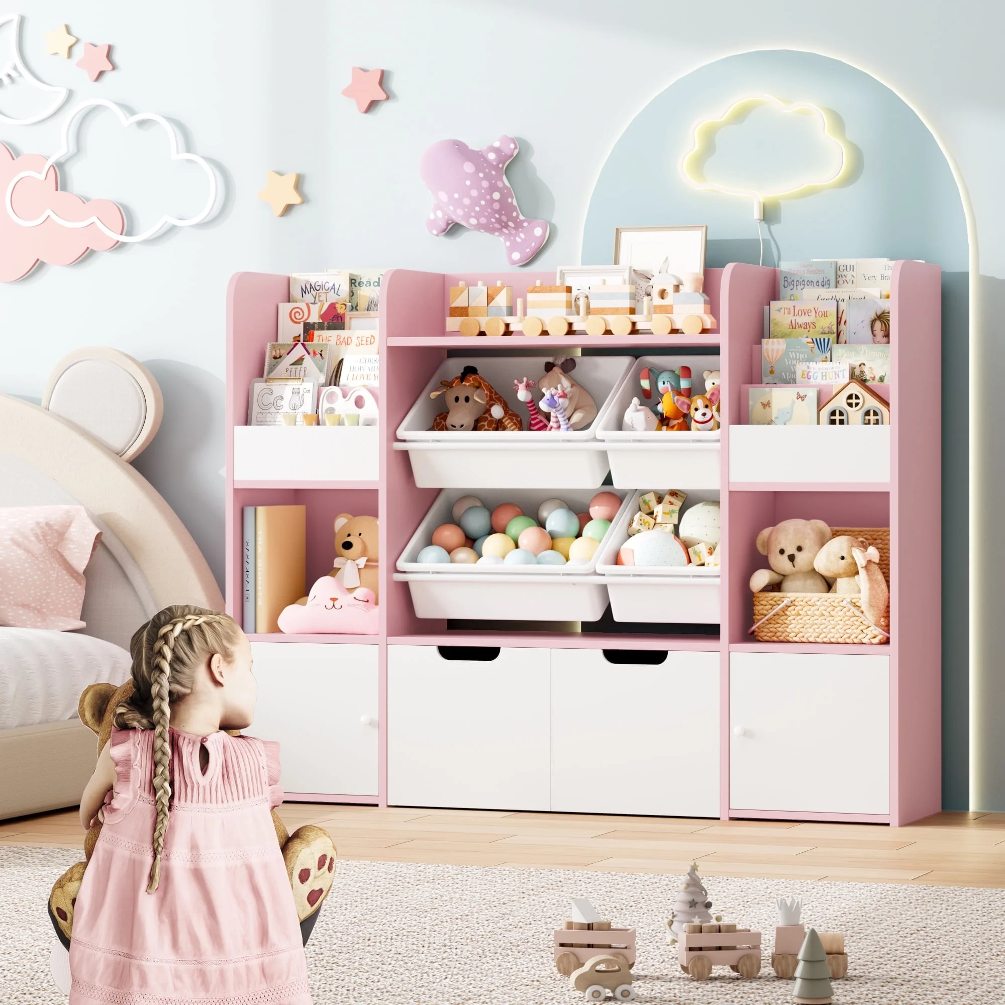 Hiphuta Kids Bookcase Toy Storage Organizer, Wooden Toy Organizer of 4 Bins& 2 Removable Drawers for Home Bedroom, Kids Bookshelf Toy Box with Book Rack, White - Image 21