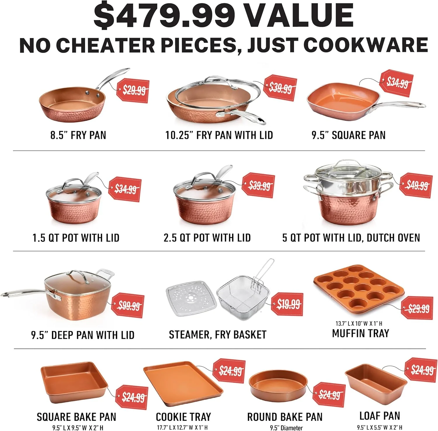 Gotham Steel Hammered 20 Pc Ceramic Cookware Set Nonstick, Induction Pots and Pans Set, Non Toxic Cookware Sets, Oven & Dishwasher Safe - Copper - Image 2