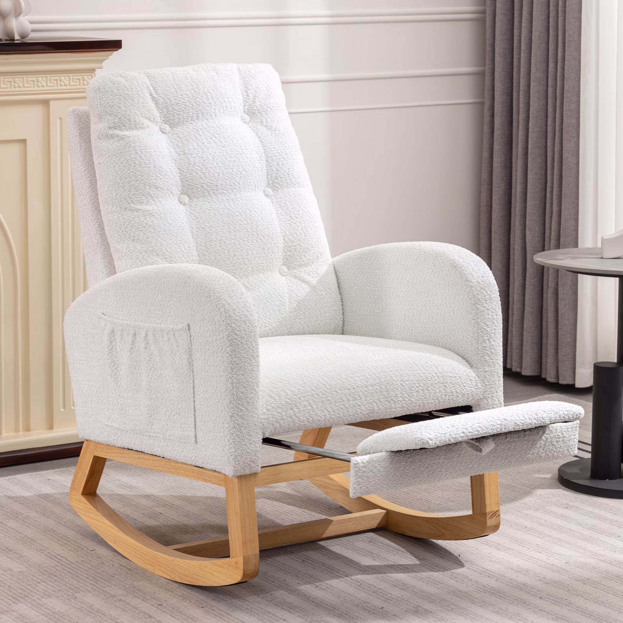 Modern Accent Rocking Chair with Pull-out Footrest,Nursery Glider Chair with Solid Wood Legs & Side Pocket,Upholstered Lounge Chair with High Backrest