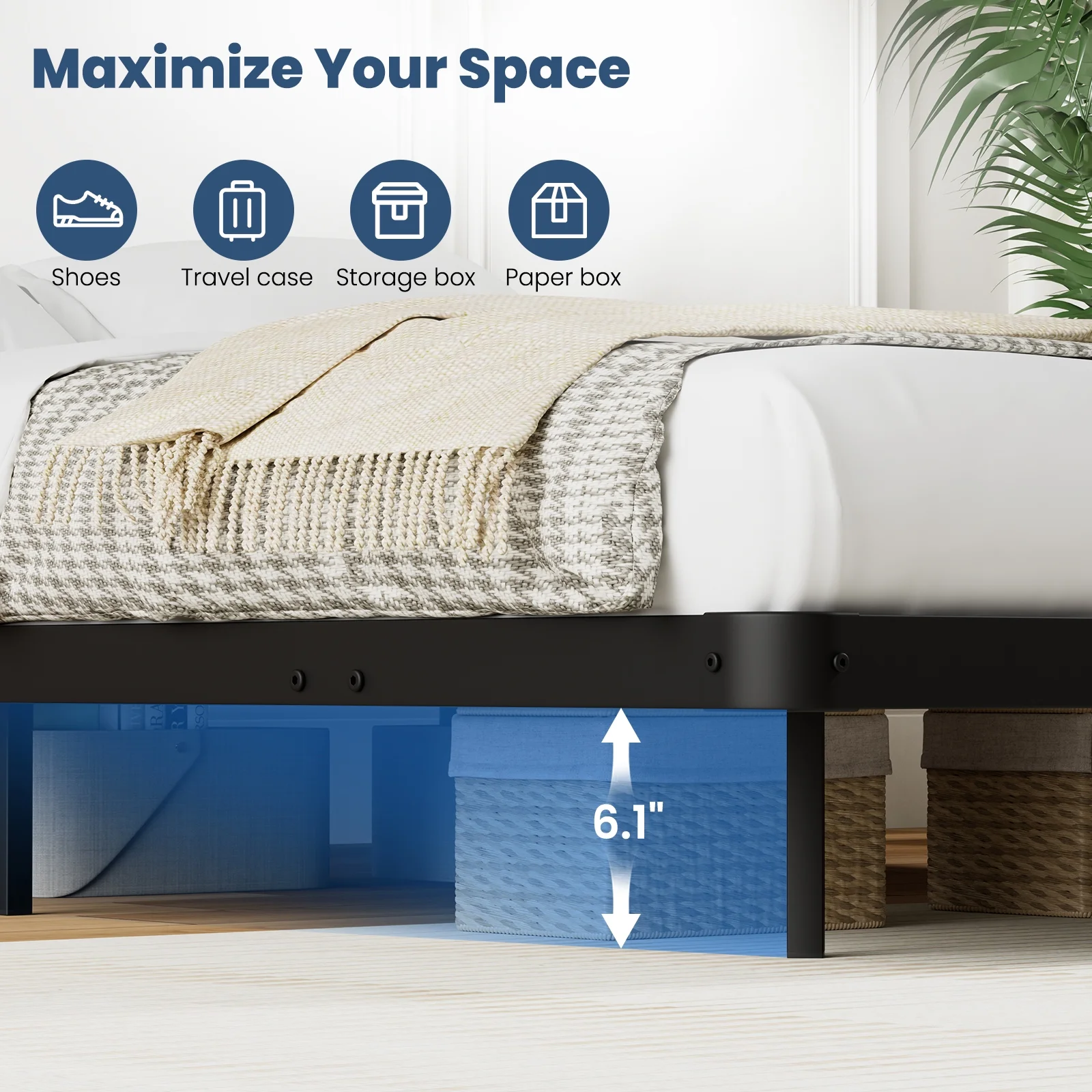 Lusimo Floating Bed Frame with LED Lights Queen Size Metal Platform Bed Frame with 6.1" Under Bed Storage Space No Box Spring Needed, Black - Image 5