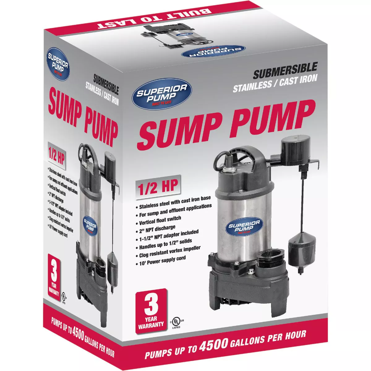 Superior Pump 1/2 HP Stainless Steel/Cast Iron Submersible Sump Pump with Vertical Float Switch