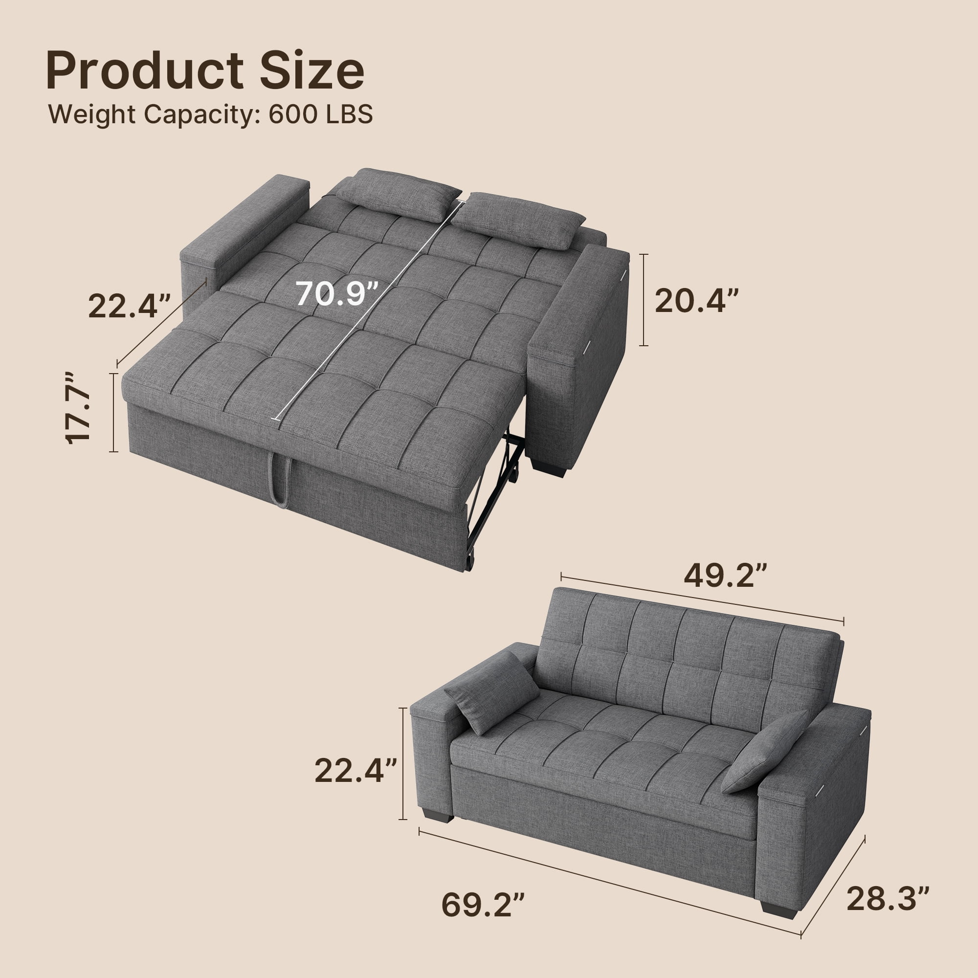 Sofa Bed, Lofka 3 in 1 Convertible Couch Bed with Storage Armrest and Adjustable Backrest for Living Room, Dark Gray