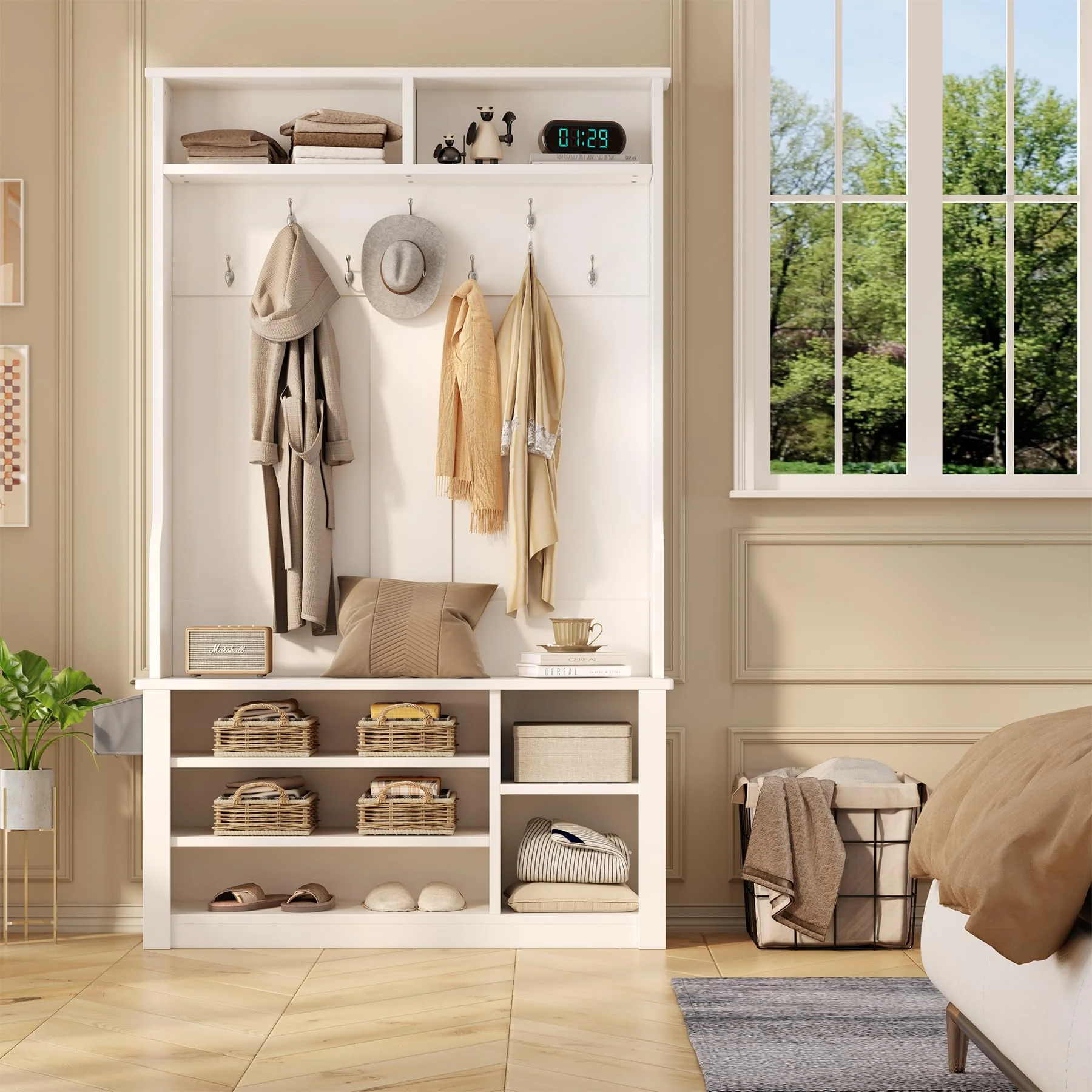Lofka 5-in-1 Hall Tree with Bench and Shoe Storage, Entryway Hall Tree with Coat Rack, Adjustable Shoe Storage, 2-tier top storage,White - Image 8