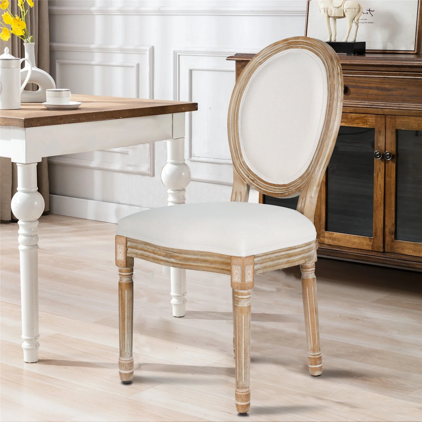 French Dining Chairs Set of 2 Beige Natural Fabric Round Back with Solid Wood Legs and Frame for Bedroom Dining Room Kitchen