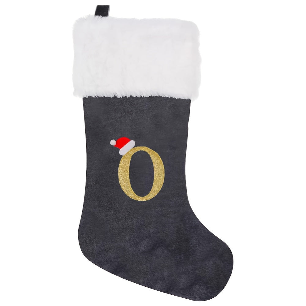 Gepersonaliseerde Fluwelen Kerstsok met Monogram – Modern Grijs Ontwerp