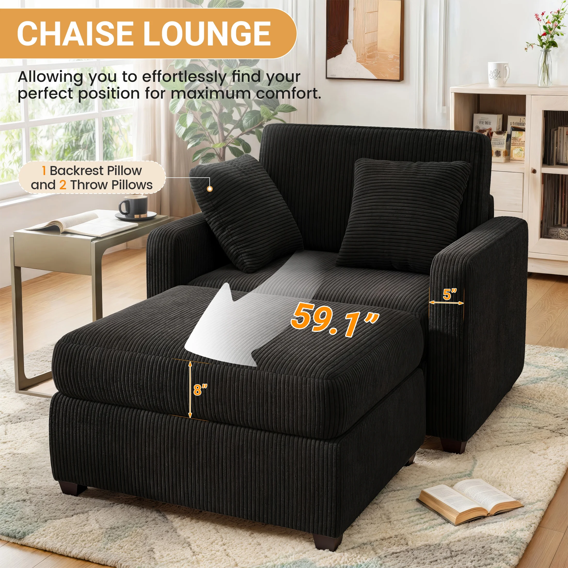 LUMIHO Chaise Lounge Chair Indoor, 42" Sleeper Chair with Two Throw Pillows and Armrests, Corduroy Chaise Couch Chair with Ottoman for Living Room, Bedroom, Apartment, Green - Image 21