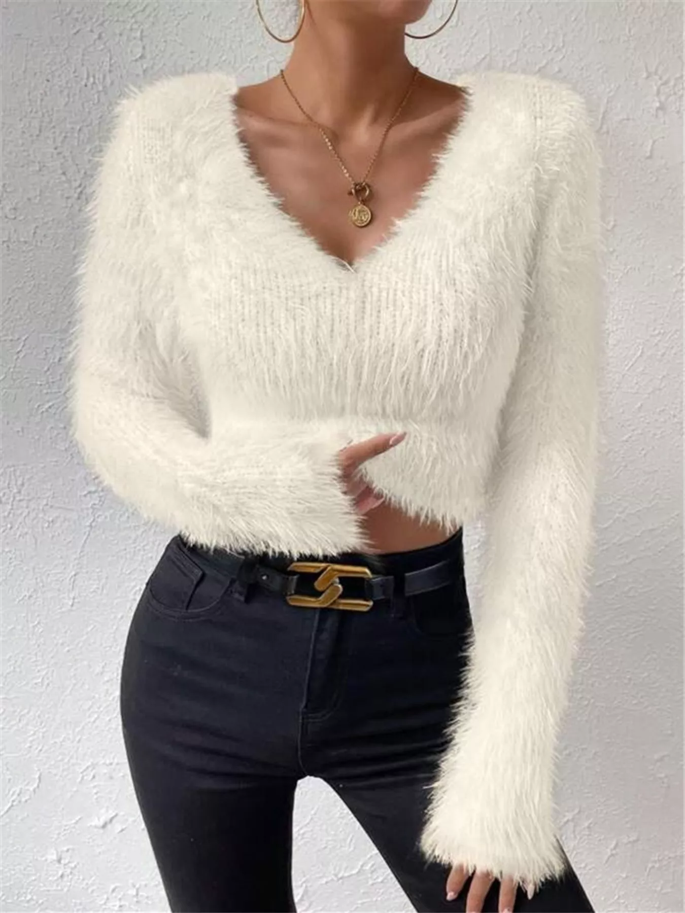 Fluffy Knit V-Neck Sweater - ZKZOOK