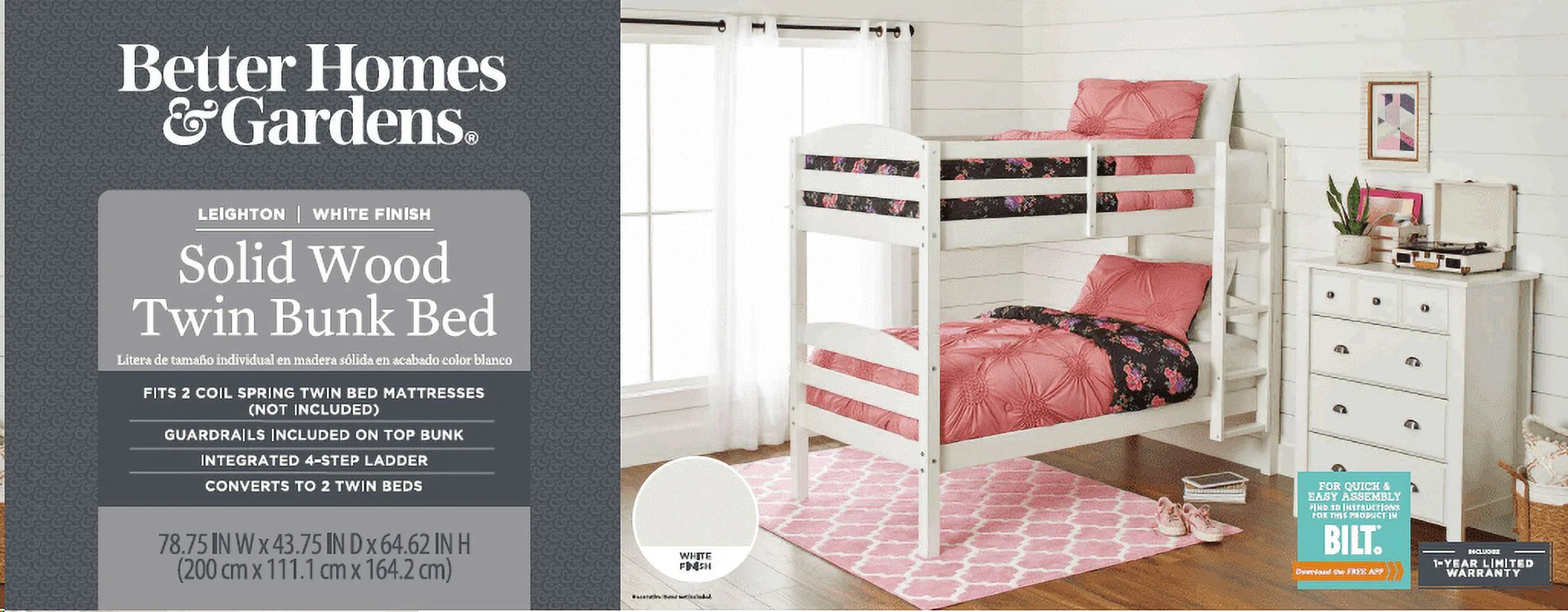 Better Homes & Gardens Leighton Solid Wood Twin-over-Twin Convertible Bunk Bed, Vanilla - Image 18