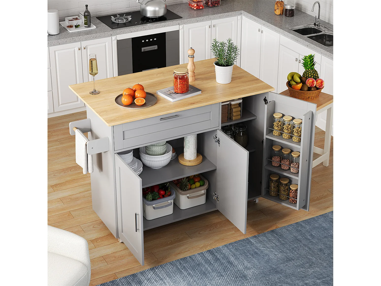 Îlot central mobile avec plan de travail pliable - 132.5 x 44 /70 x 90 cm - avec 3 portes + 1 tiroirs - MDF - gris
