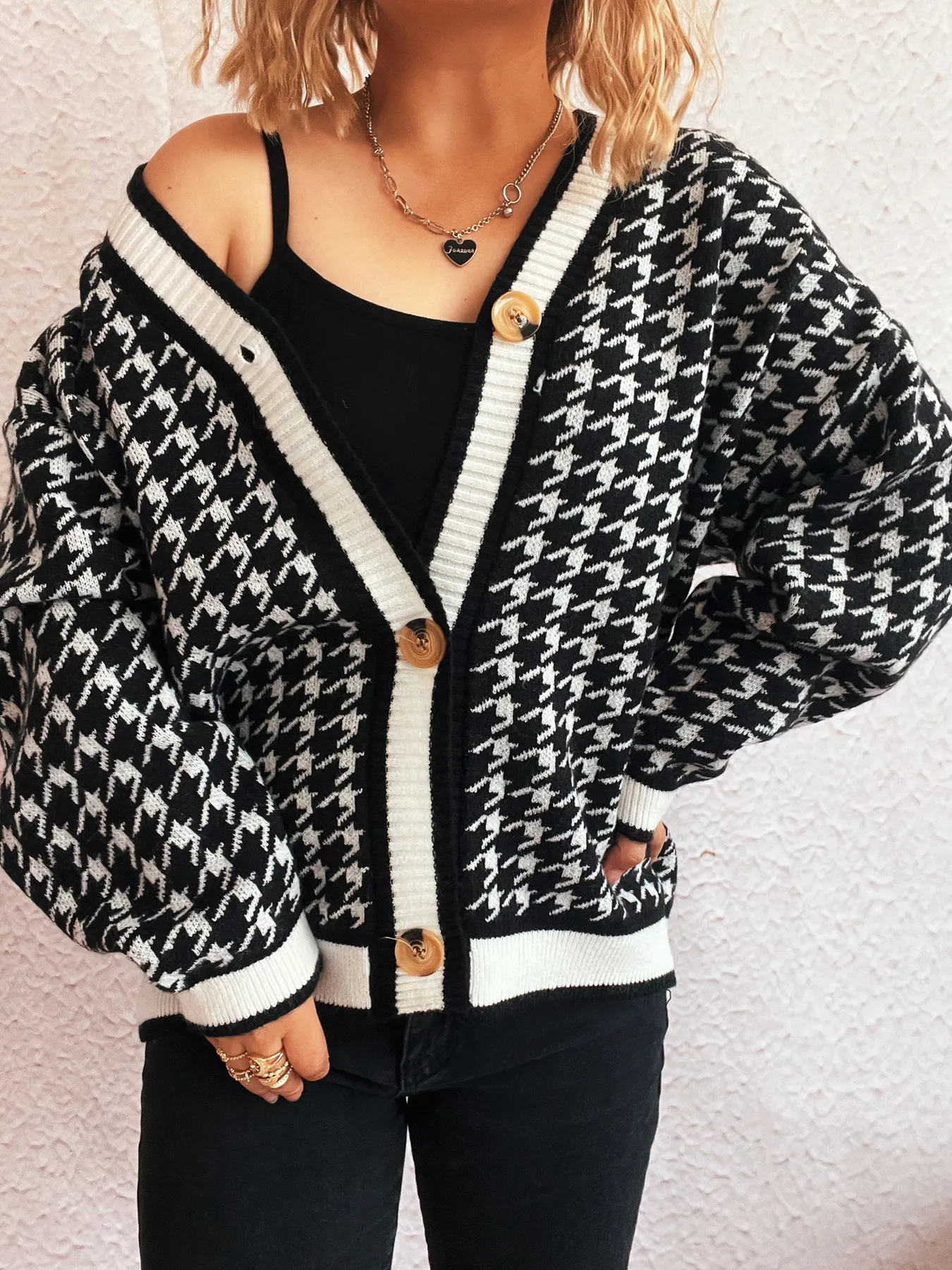 Houndstooth Pattern V-Neck Button-Up Cardigan - ZKZOOK