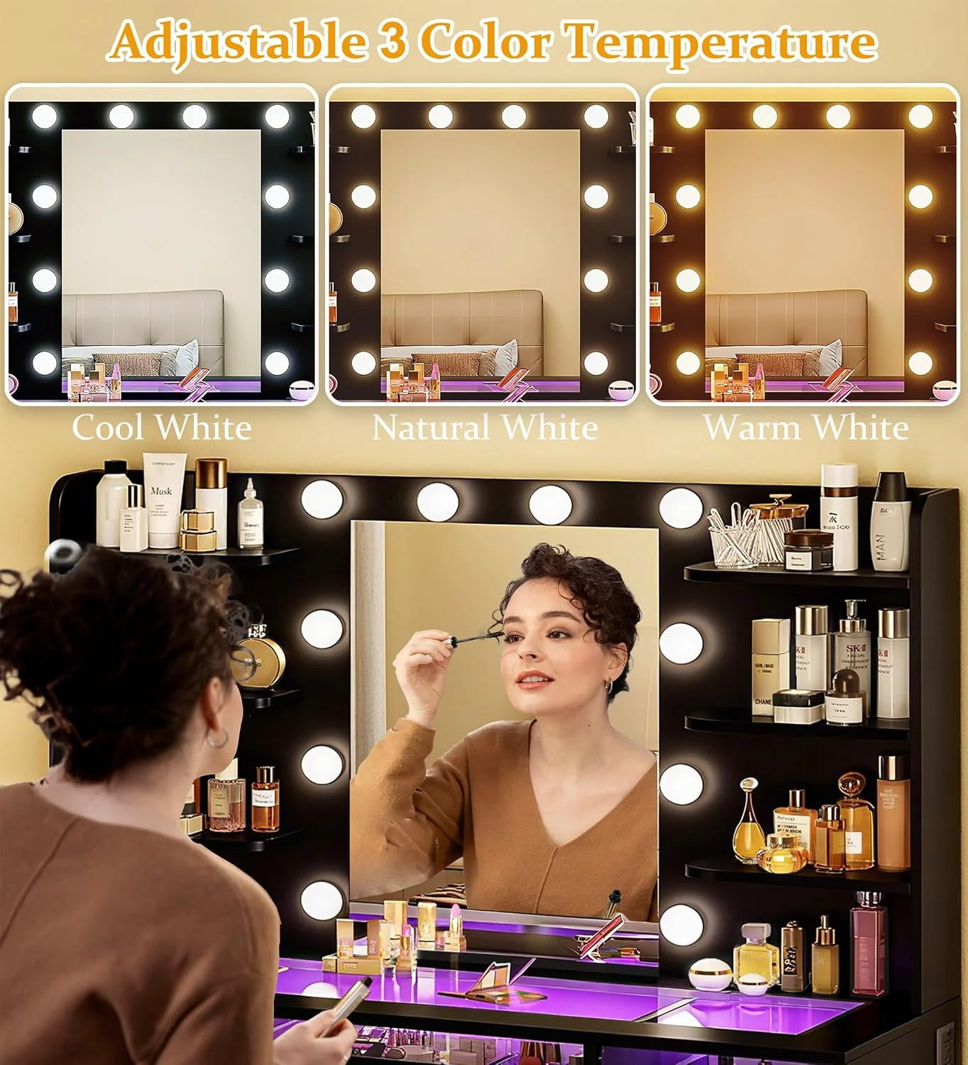 Fixwal Black Luxury Makeup Vanity Table with Tempered Glass Top, LED Mirror & RGB Lighting - Image 5 Fixwal Black Luxury Makeup Vanity Table with Tempered Glass Top, LED Mirror & RGB Lighting - Image 5