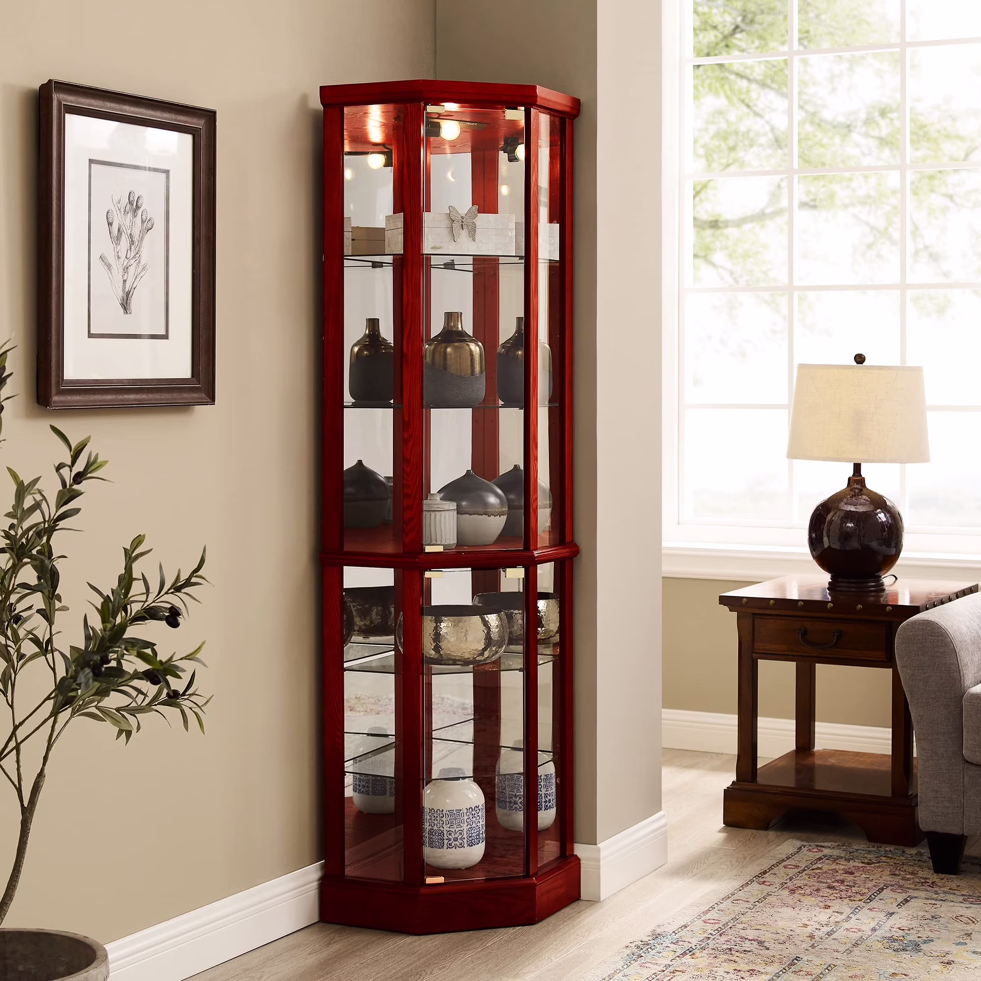 Walnut Cabinet With 6 Shelves, Adjustable Glass & Mirrored Back Design Shelf Lighted Corner Curio Shelves In - Image 7