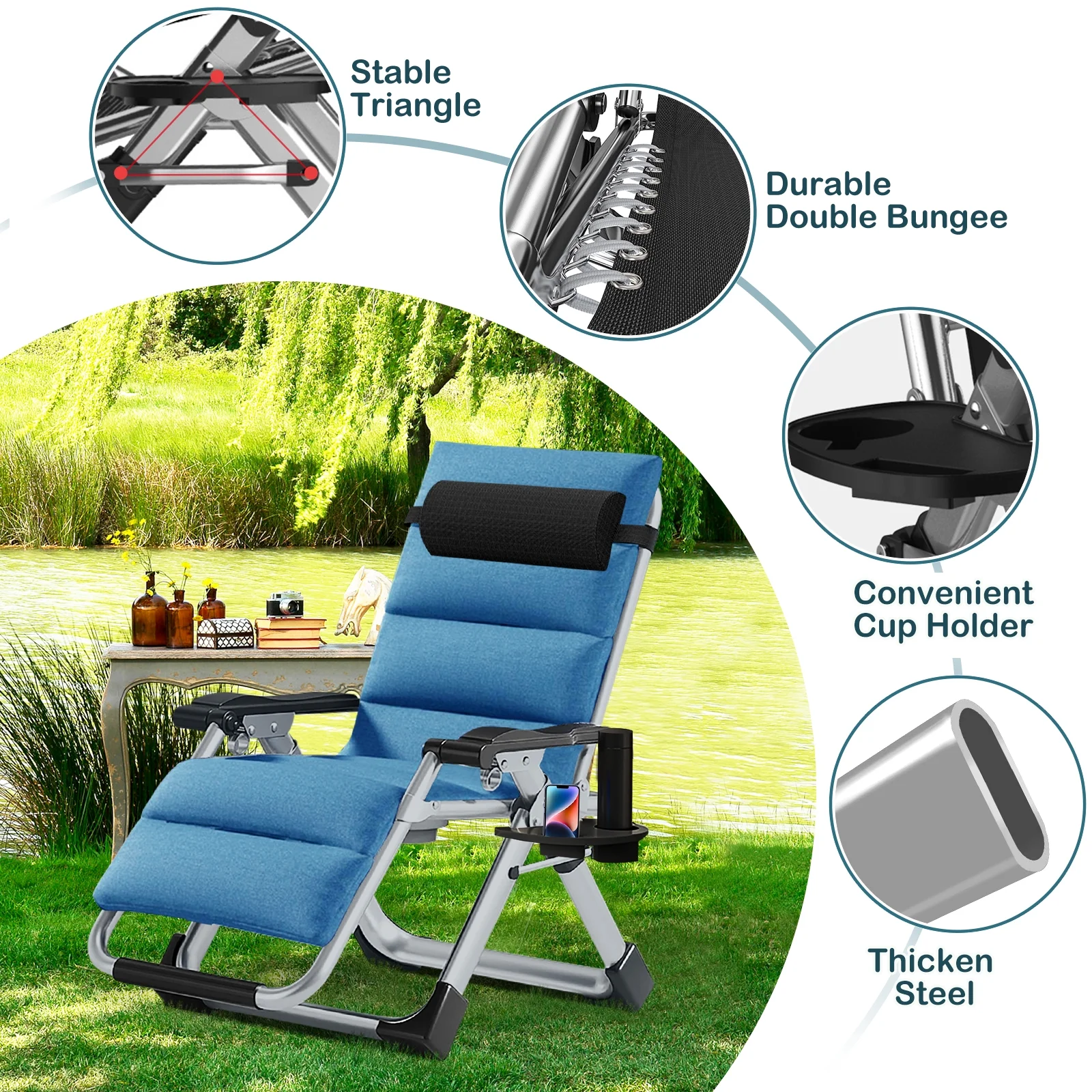 NAIZEA Zero Gravity Chair with Removable Cushion and Cup Holder Black - Image 22