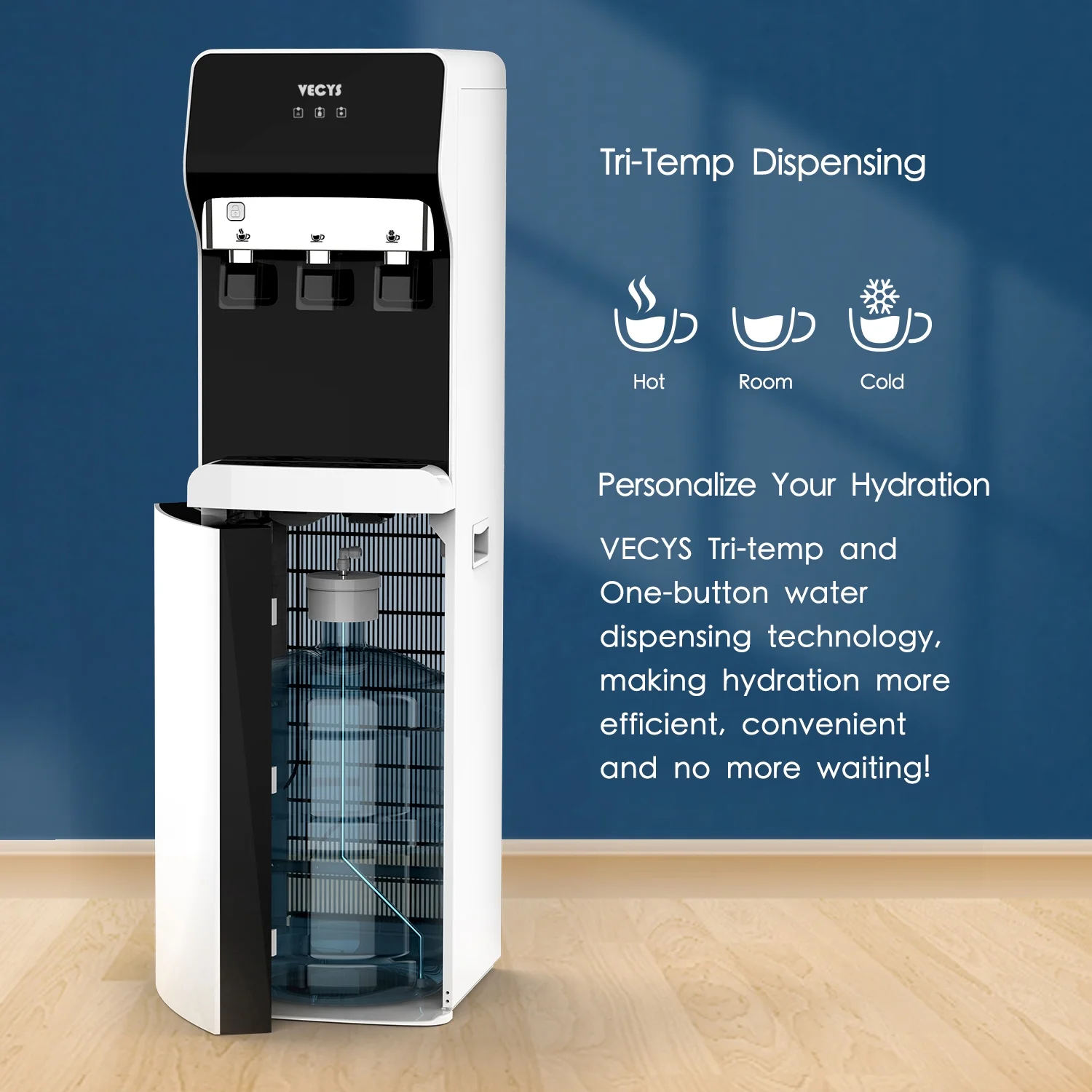 VECYS 3 or 5 Gallon Bottom Loading Water Dispenser for Hot, Room and Cold Water with Child Safety Lock, UV Self-cleaning Compressor Water Cooler Built-in 304 Stainless Steel Reserviors and Nightlight