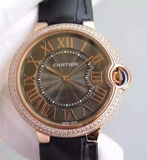 Replica Cartier Ballon Bleu 40mm RG Diamonds Bezel Black Dial Leather Strap MIYOTA9015 - Elite Watch Atelier