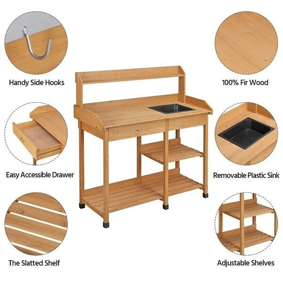 Veado Potting Bench With Sink, Drawer, Rack And Shelves, 45.2 x 17.7 x 47.6 in - Natural Wood - Image 5 Veado Potting Bench With Sink, Drawer, Rack And Shelves, 45.2 x 17.7 x 47.6 in - Natural Wood - Image 5