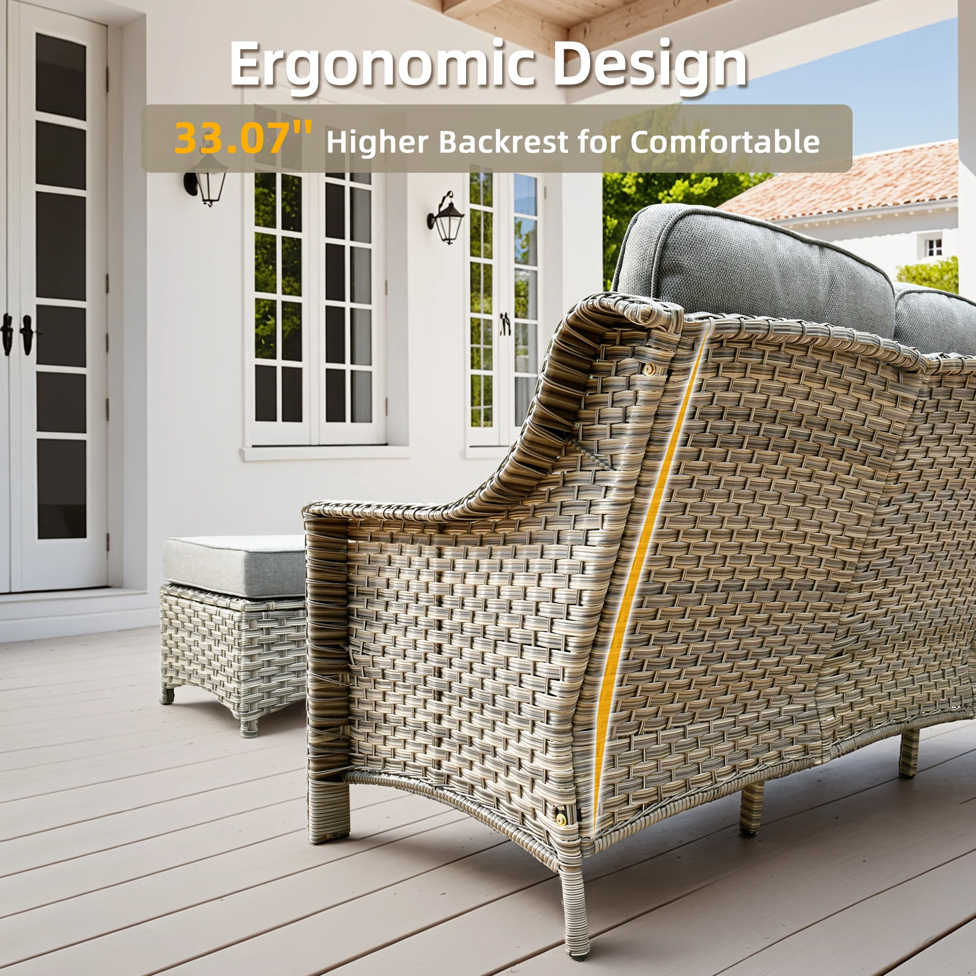 Ovios Outdoor Patio Sofa 3-Seater with Cushions All-Weather Wicker Rattan Couch for Garden, Porch, or Backyard - Image 8
