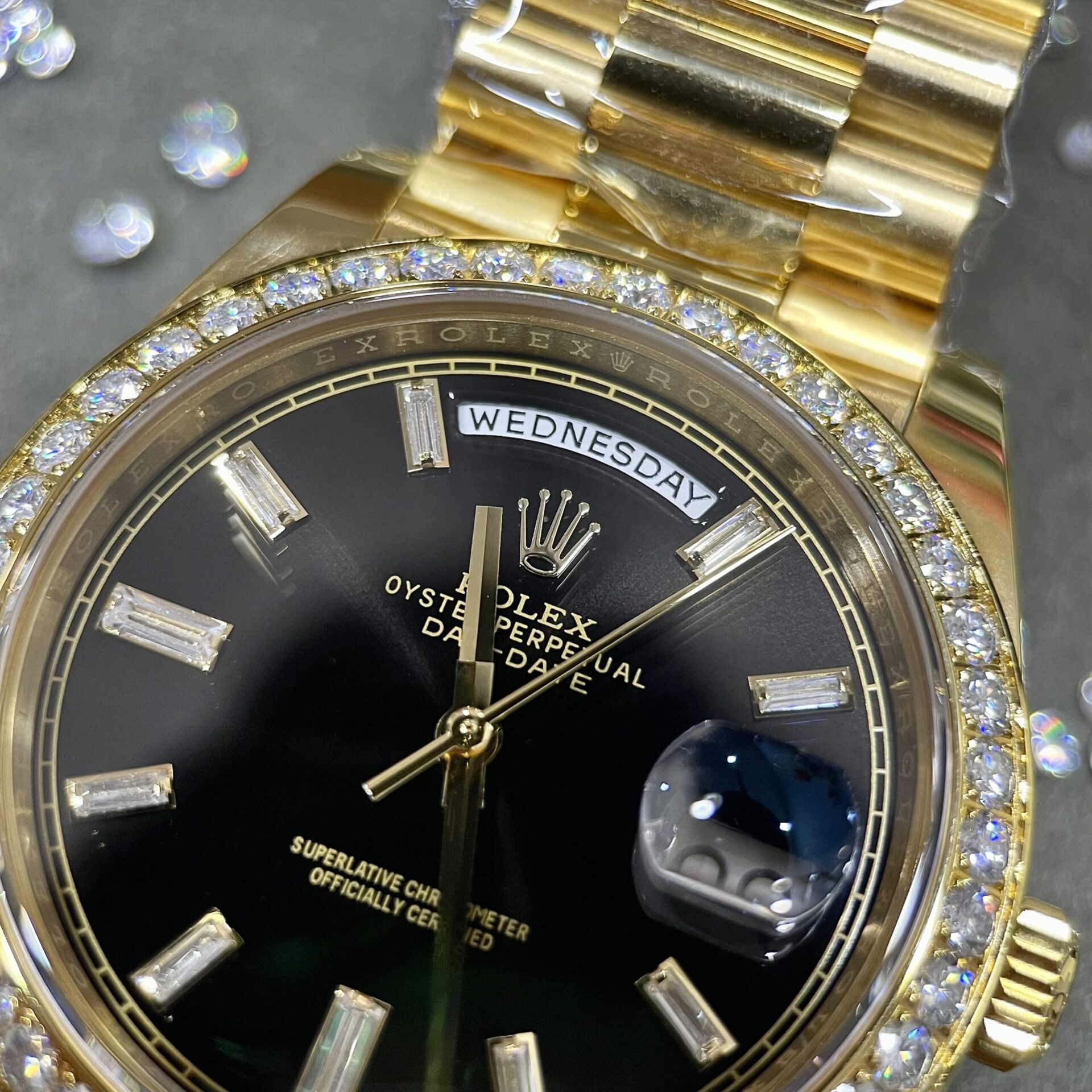 Rolex Day-Date Clone Watch Black Dial Moissanite Diamonds Custom 40mm - Top club