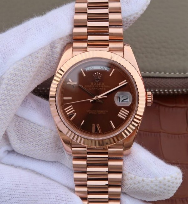 Replica Rolex Day-Date 40mm 228235 RG Noob Brown Dial Roman Markers RG Bracelet A3255 - Elite Watch Atelier
