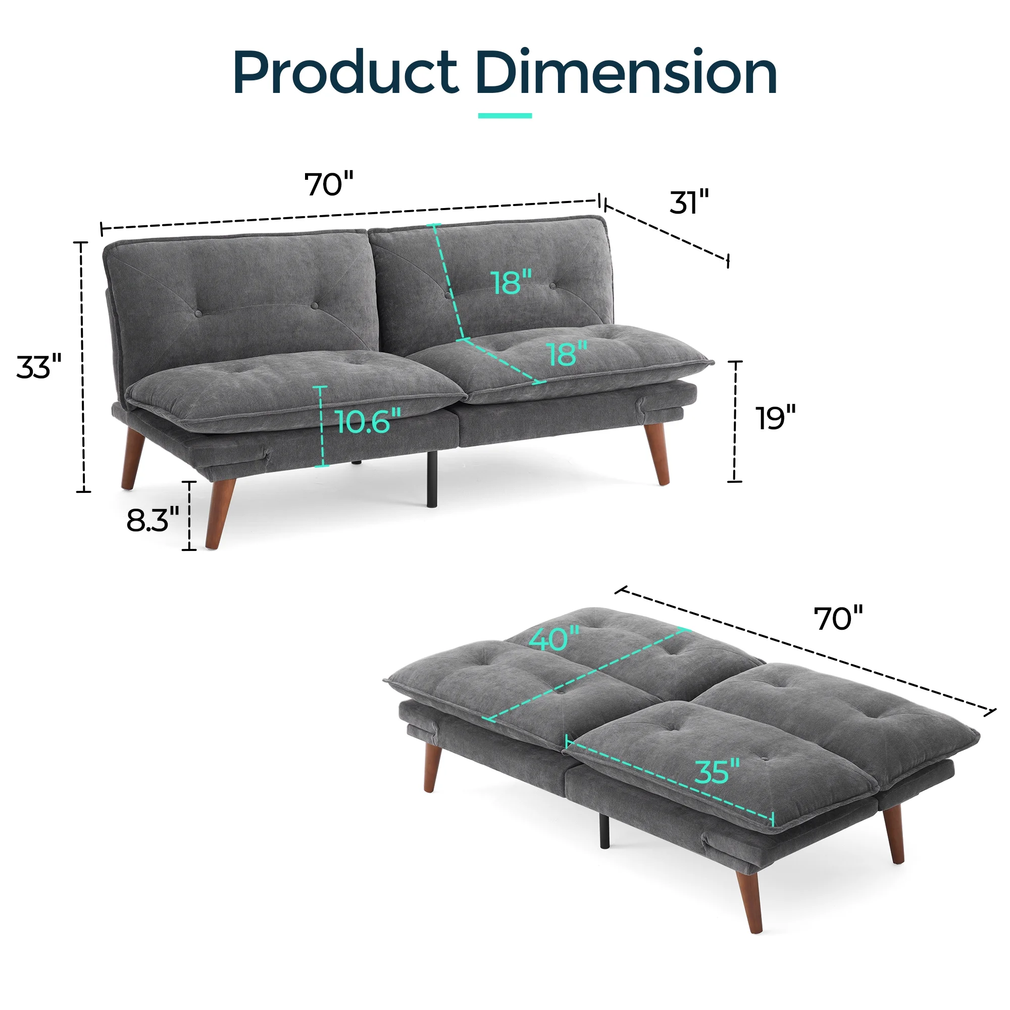 Linsy Home 70" W Chenille Convertible Futon Sofa Bed with Adjustable Armrests, Green - Image 33