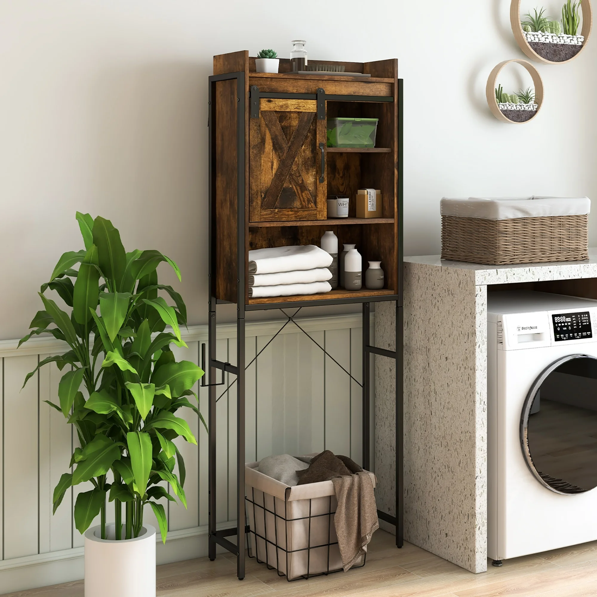 Gymax Over-The-Toilet Storage Cabinet Freestanding 4-Tier Bathroom Organizer Rack w/ Adjustable Shelf Rustic Brown