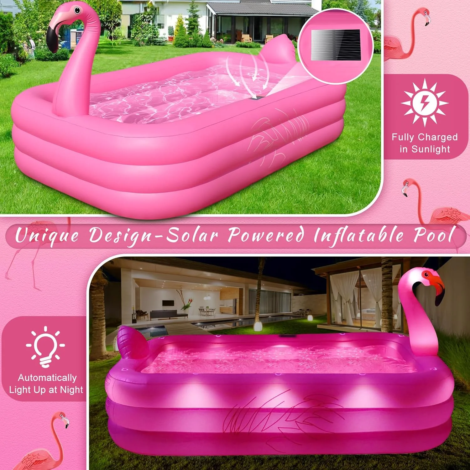 Inflatable Pool with Lights, Solar Flamingo Swimming Pool for Kids,Adults Inflatable Blow up Pool, Large Kiddie Pool, Durable Thickened Inflatable Family Pool for Backyard,Outdoor,105"x65"x25" - Image 3