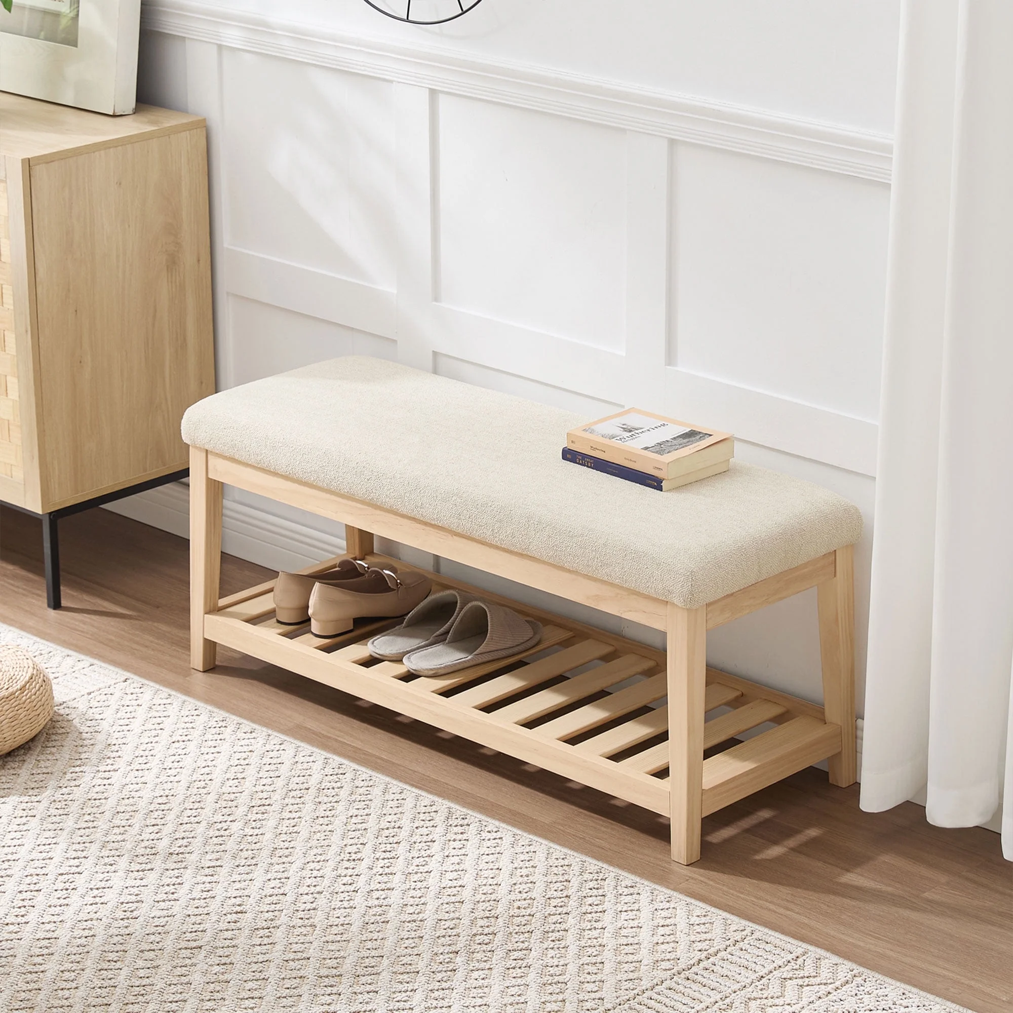 Zesthouse 42.9�?Shoe Bench with Storage, Entryway Bench for Living Room, Bedroom and Hallway, Linen Fabric Upholstered Bench with Solid Wood Shelf, Gray - Image 18