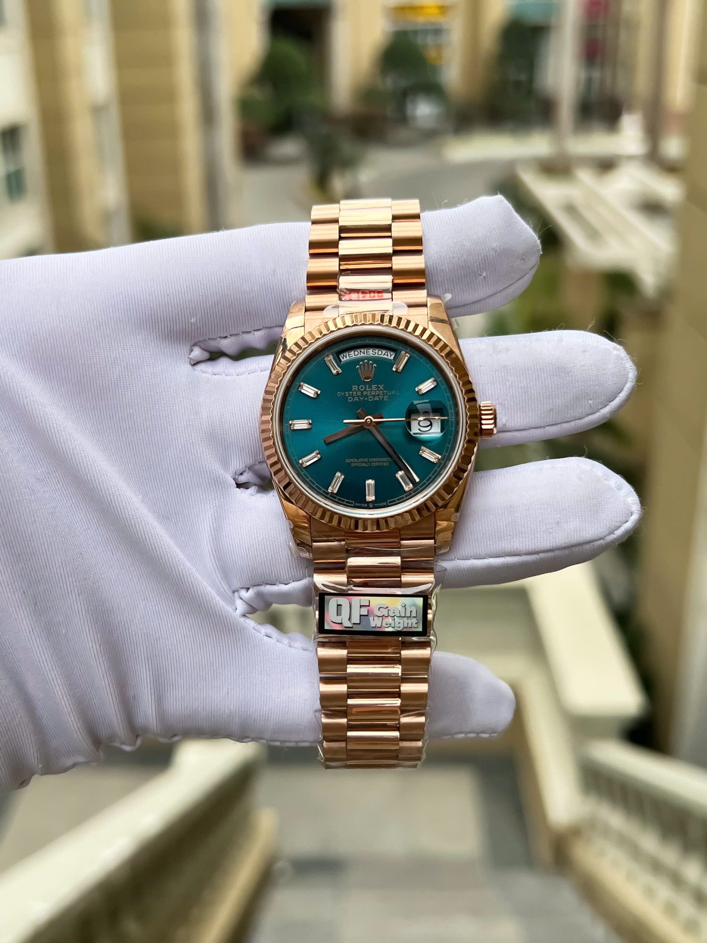Rolex Day-Date 128235 Replica Watch Dial Diamonds Moissanite Weight 158gram QF 36mm - Elite Watch Atelier