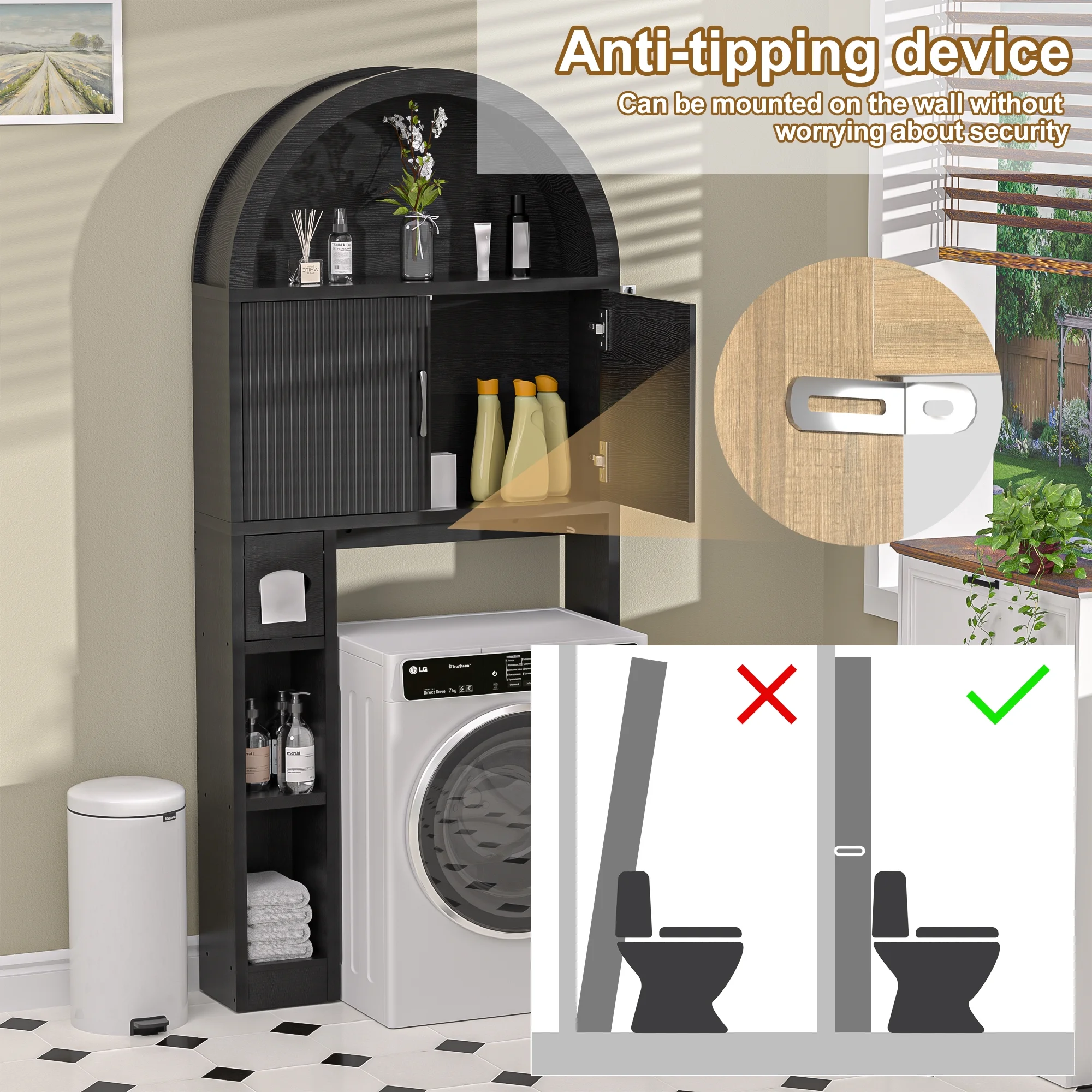 HARIPUL Over The Toilet Storage Cabinet w/ Unique Wood Grain & Arc Design, Freestanding Bathroom Shelf Organizer Space Saver w/ Doors & Anti-Tip Device, Wood Color - Image 54