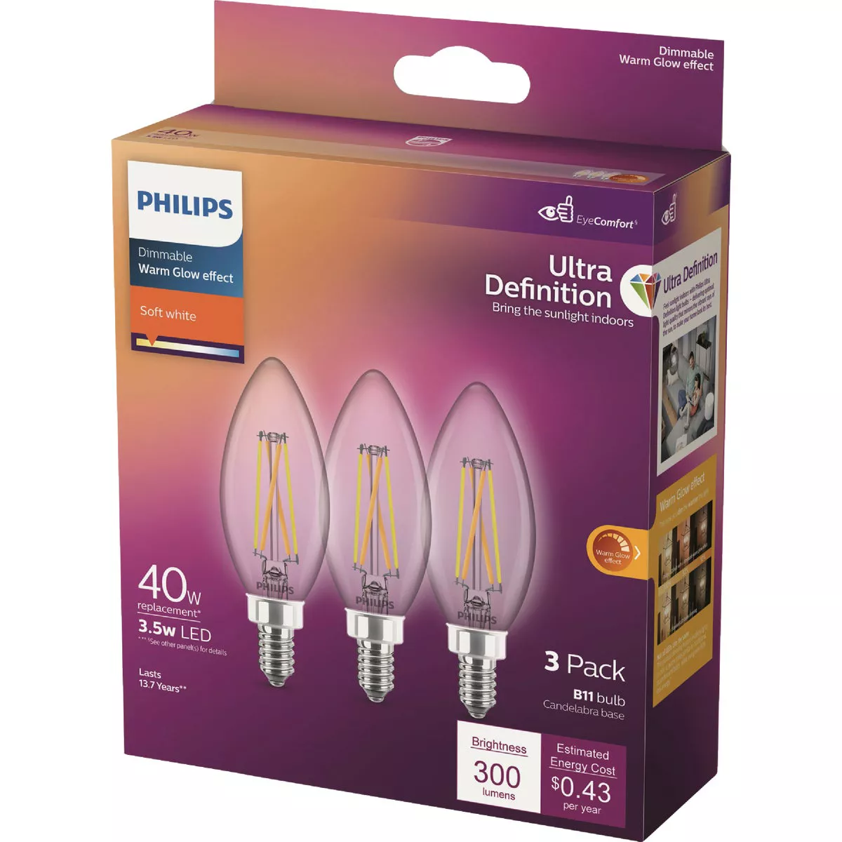 Philips Ultra Definition 40W Equivalent B11 LED Candelabra Base Soft White Light Bulb (3-Pack)