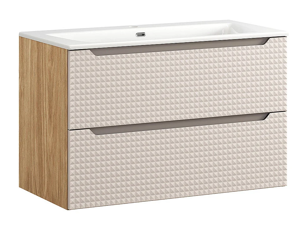 Ensemble meuble simple vasque encastrée 90cm et colonne Mallory Beige et bois