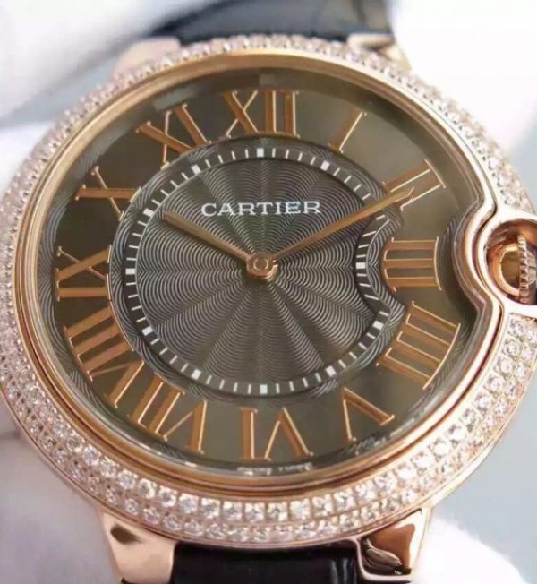 Replica Cartier Ballon Bleu 40mm RG Diamonds Bezel Black Dial Leather Strap MIYOTA9015 - Top club