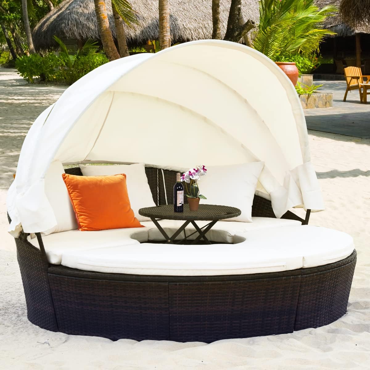 Outdoor daybed, rattan round daybed with sunshade canopy, patio set with cushions and adjustable coffee table, rattan patio furniture, suitable for backyard terraces, porches, and poolside (green color) - Image 2