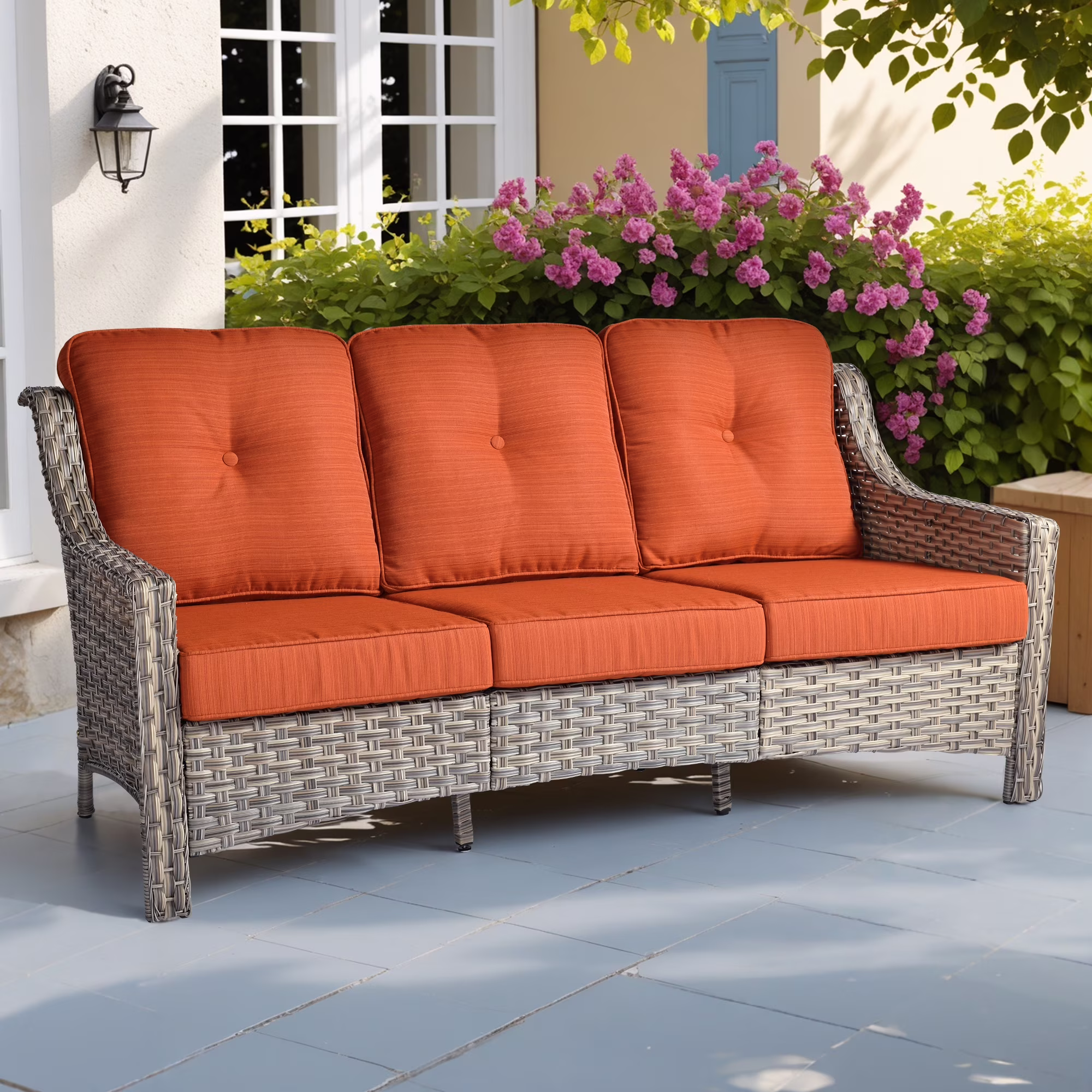 Ovios Outdoor Patio Sofa 3-Seater with Cushions All-Weather Wicker Rattan Couch for Garden, Porch, or Backyard - Image 11