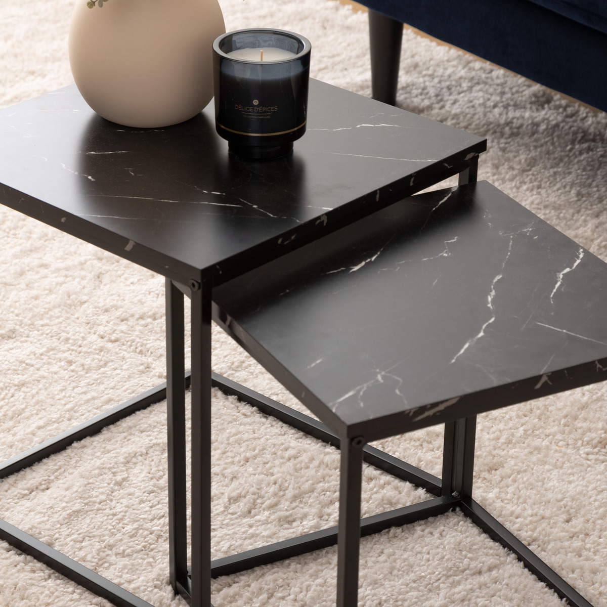 Set of 2 coffee tables "Jones" Black marble effect, L.37/33 cm