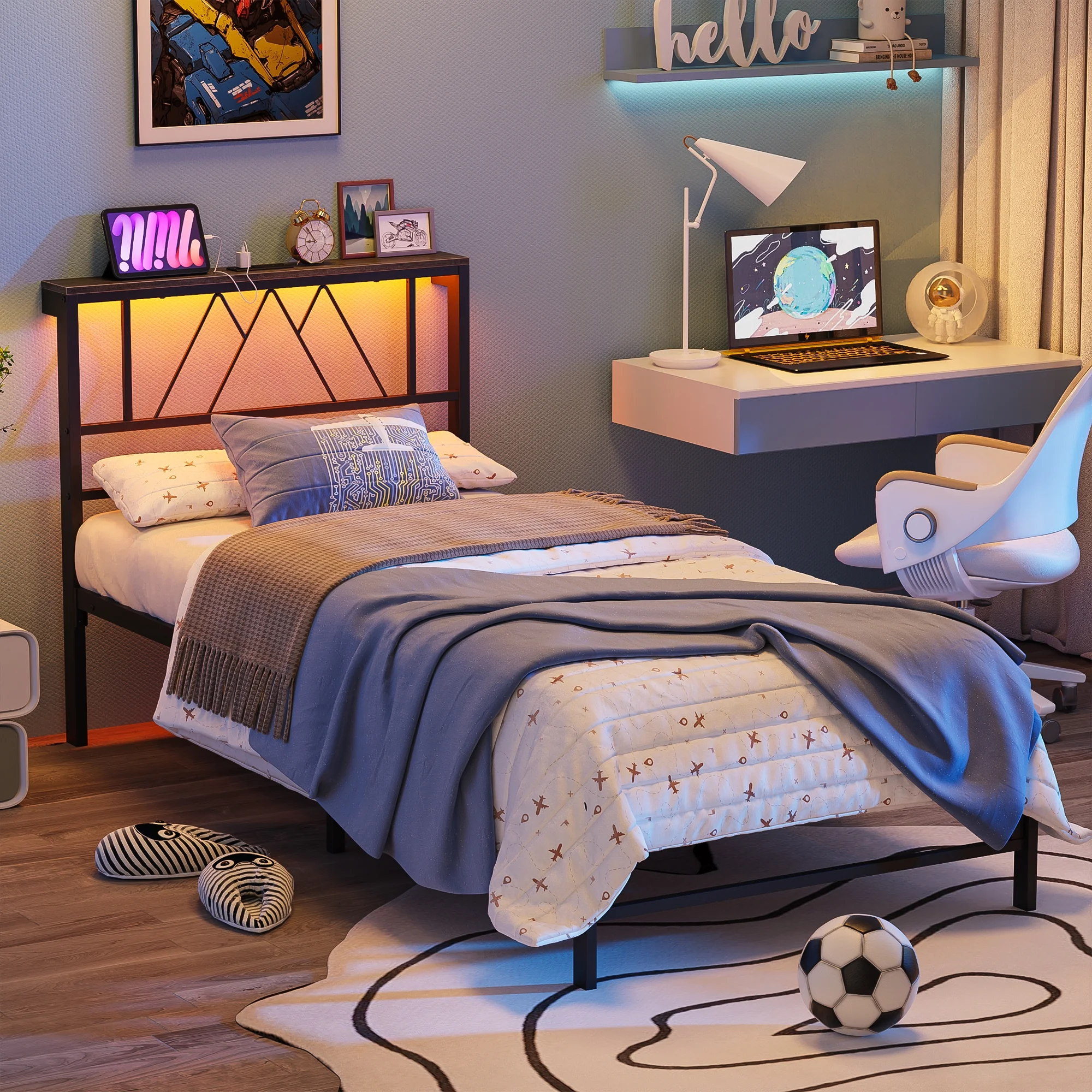 Yoneston Twin Size Platform Bed Fame with LED and Charging Station Storage Headboard No Box Spring Need for Kids Furniture, Black