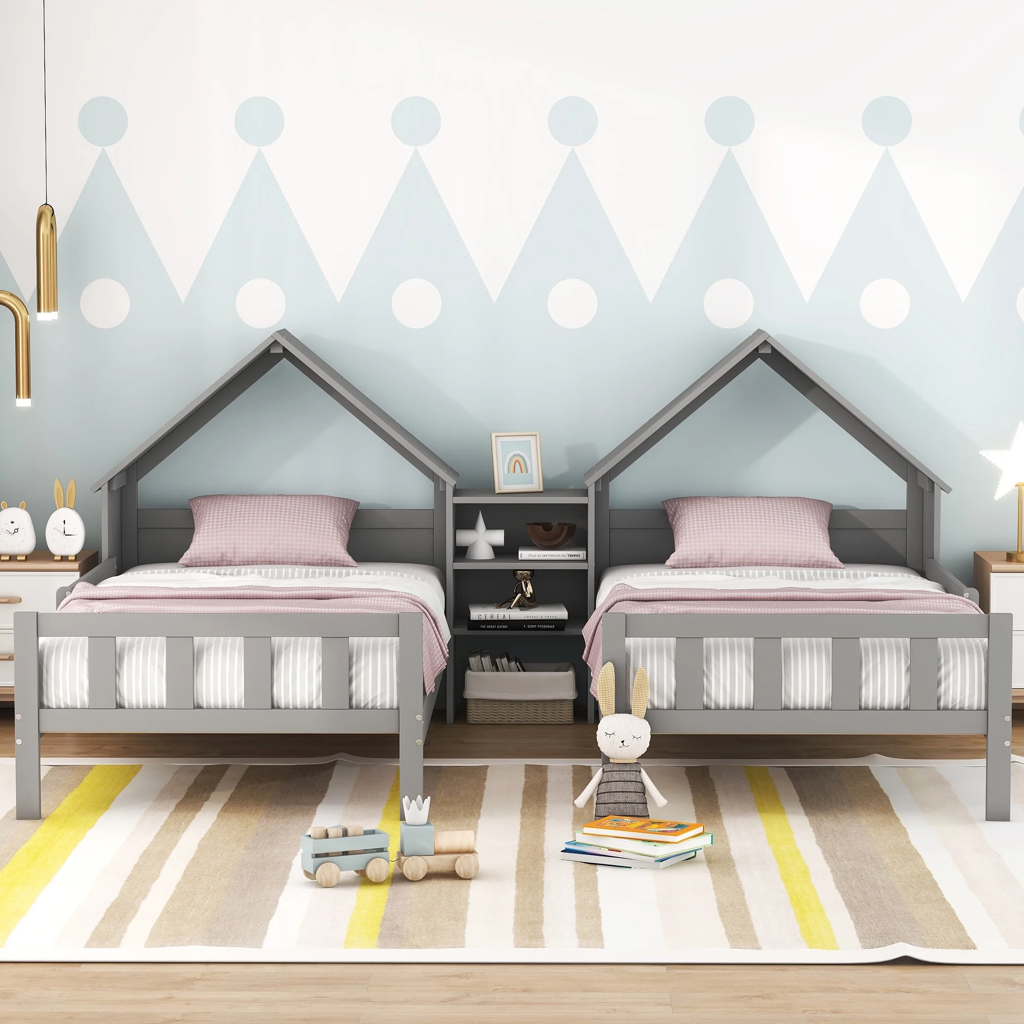 Euroco Twin Size Wood House Platform Bed, Two Beds in One with Desk and Shelf, 2 Platform Beds for More Kids Teens, Gray