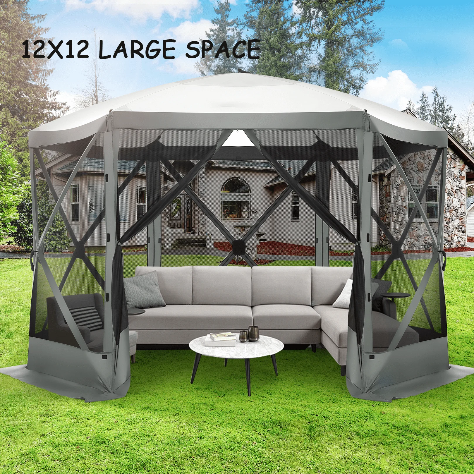 COBIZI 12'x12' Pop-up Gazebo Outdoor Camping Tent with 6 Sides Mosquito Netting, Waterproof, UV Resistant, Portable Screen House Room, Easy Set-up Party Tent with Carry bag, Ground Spike, Brown - Image 34