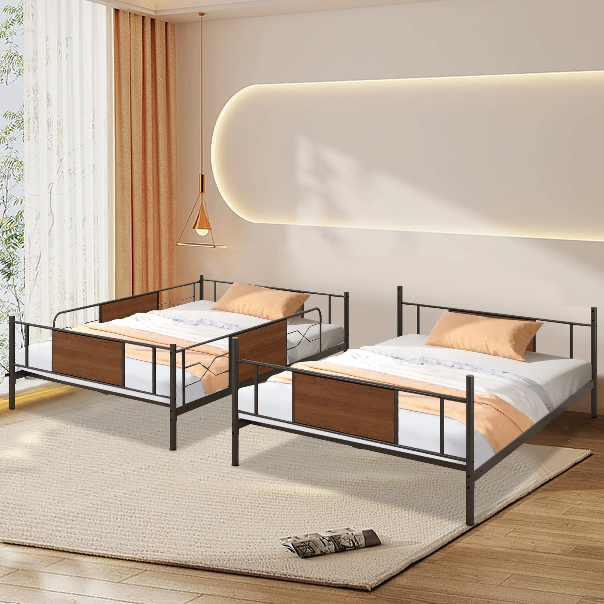 HSUNNS Full Over Full Bunk Beds, Convertible Metal Bunk Bed Full Size Frame with Stairs & Full-Length Guardrail, Low Bunk Bed for Boys Girls, Modern Kids Bedroom Furniture, No Box Spring Needed